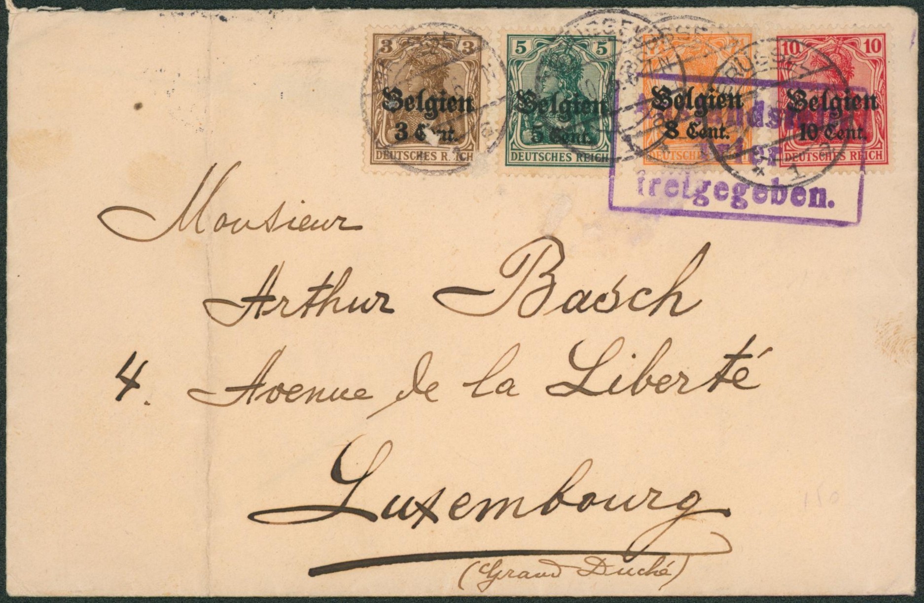 Affranch. Quadricolore (OC11/14) sur lettre obl à pont "Brussel" > Luxembourg (Grand duché)