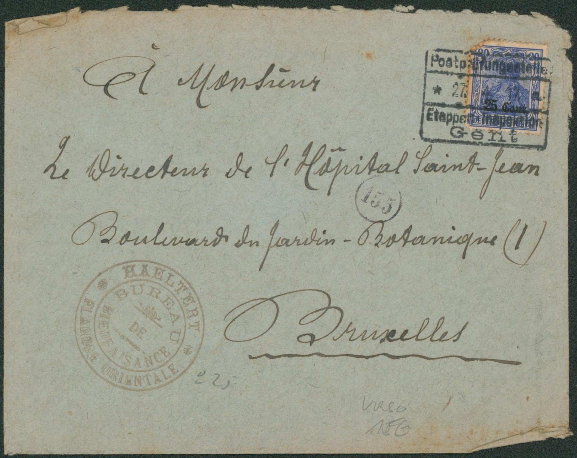 OC31 sur lettre annulé par encadré "Etappen-Inspektion Gent" (Bureau de bienfaisance flandre orientale) > Bruxelles. Verso censure !