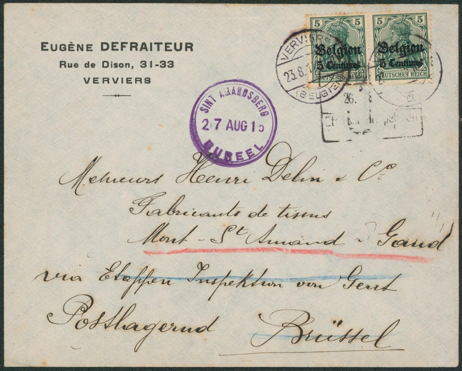 OC2 x2 sur lettre obl à pont "Verviers" > Brussel, redirigé vers Mont-St-amand (Gand) + cachet "Sint-Amandsberg / Bureel"