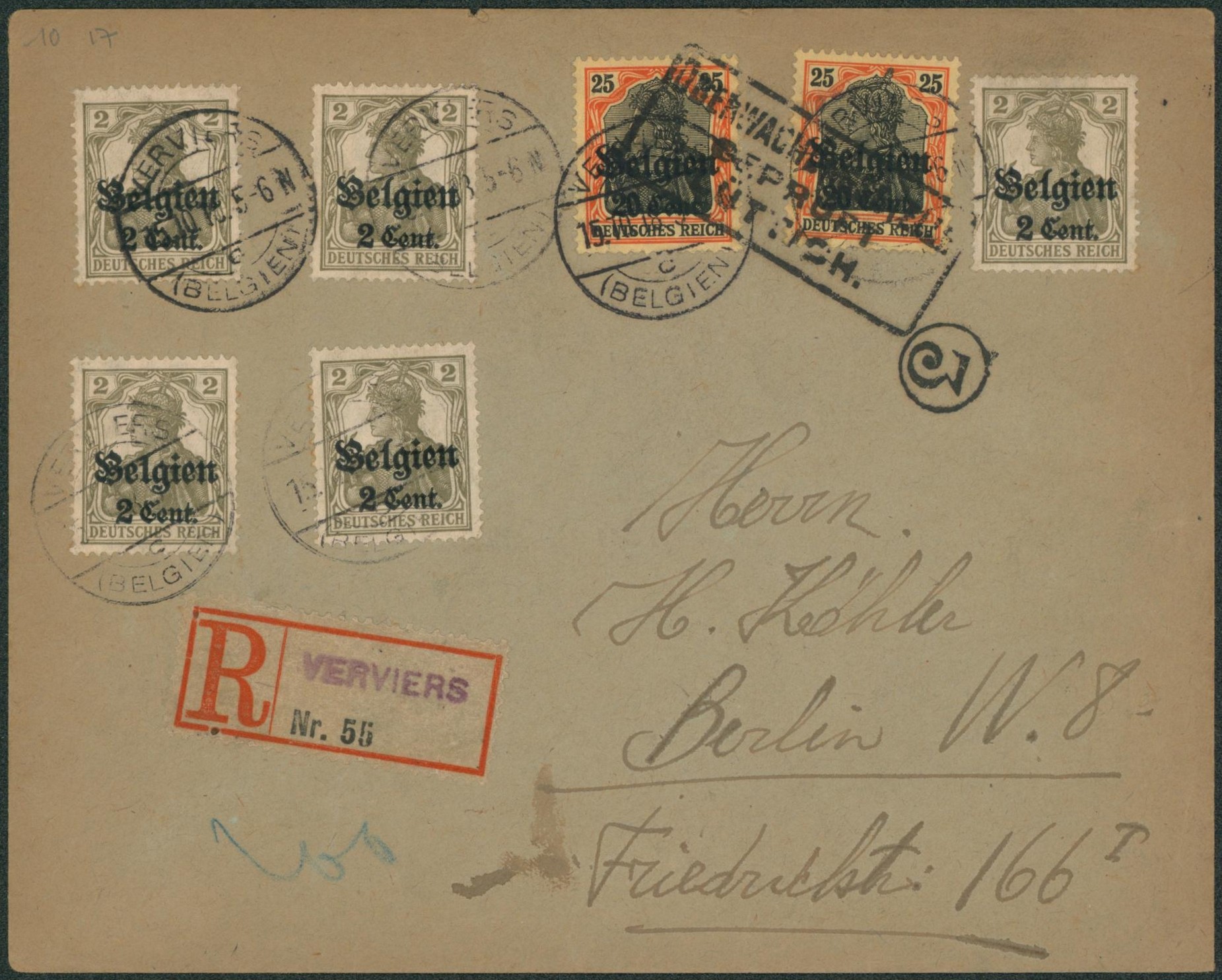 OC10 x5, OC17 x2 sur lettre en recommandé (étiquette + griffe violette) de Verviers > Berlin