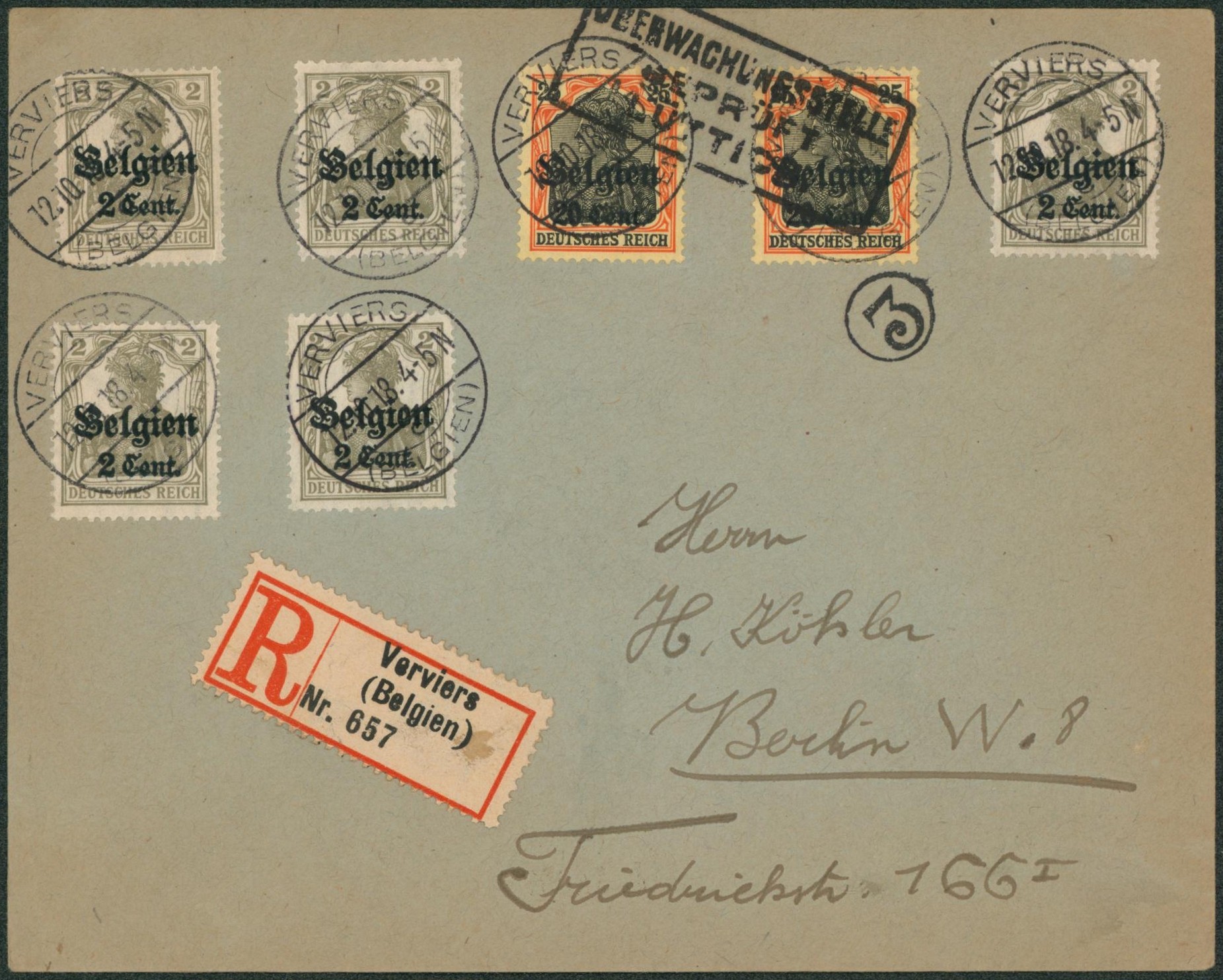 OC10 x5, OC17 x2 sur lettre en recommandé (étiquette) de Verviers > Berlin