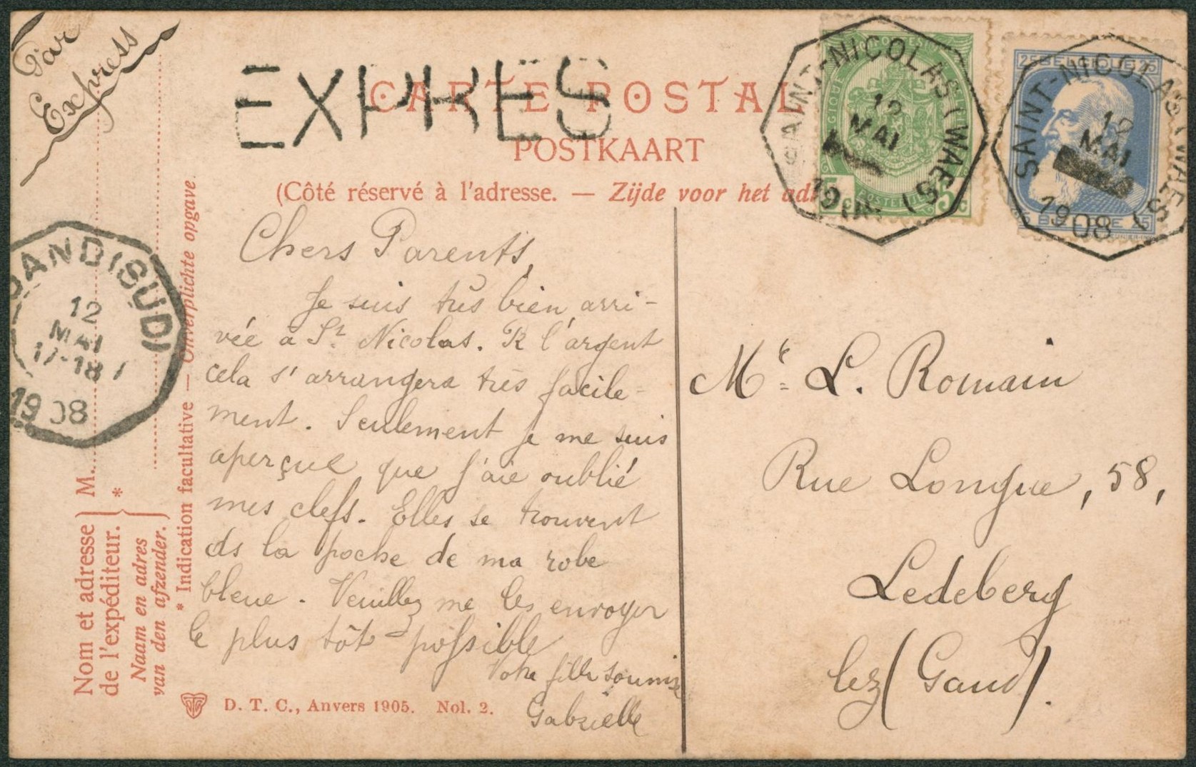 n°56 et 76 sur CP en expres obl télégraphique "St-Nicolas (waes)" (Luxe) > ledeberg