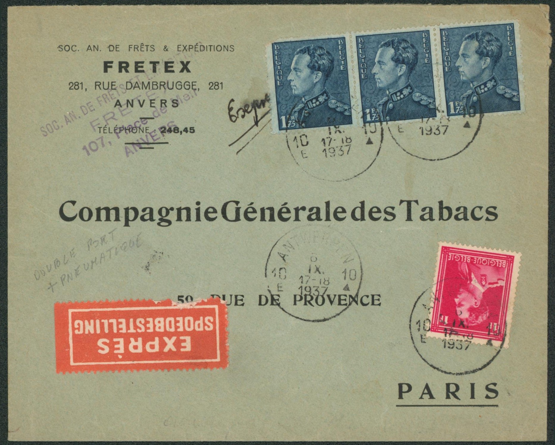 n°437 x3 + n°428 sur lettre en expres de Anvers > compagnie général de tabacs à Paris par pneumatique