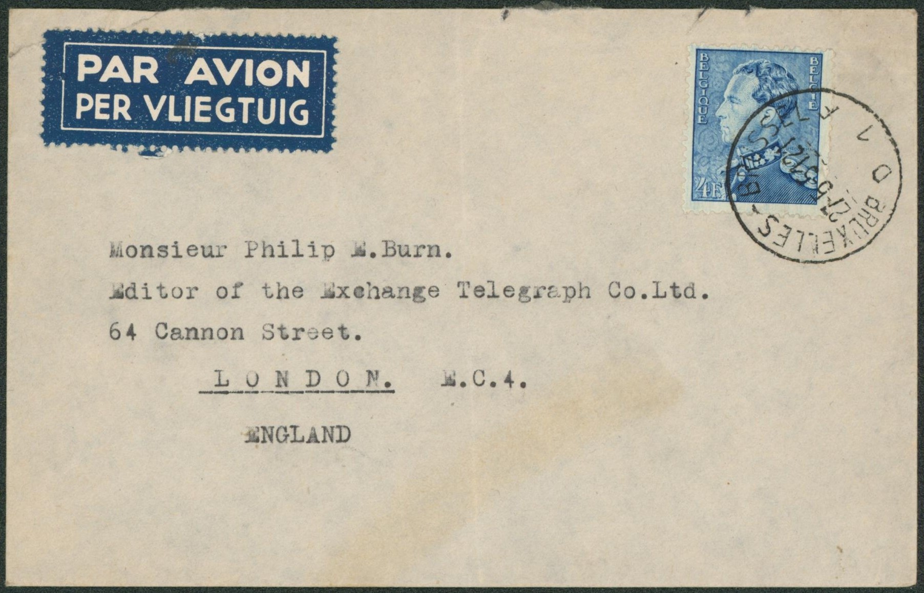 n°847A sur lettre par avion de Bruxelles > London.