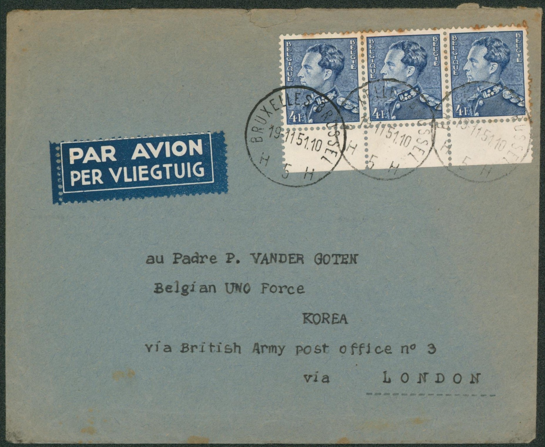 n°847A en bande de 3 sur lettre par avion de Bruxelles > Belgian UNO FORCE (Korea) via british army (London).
