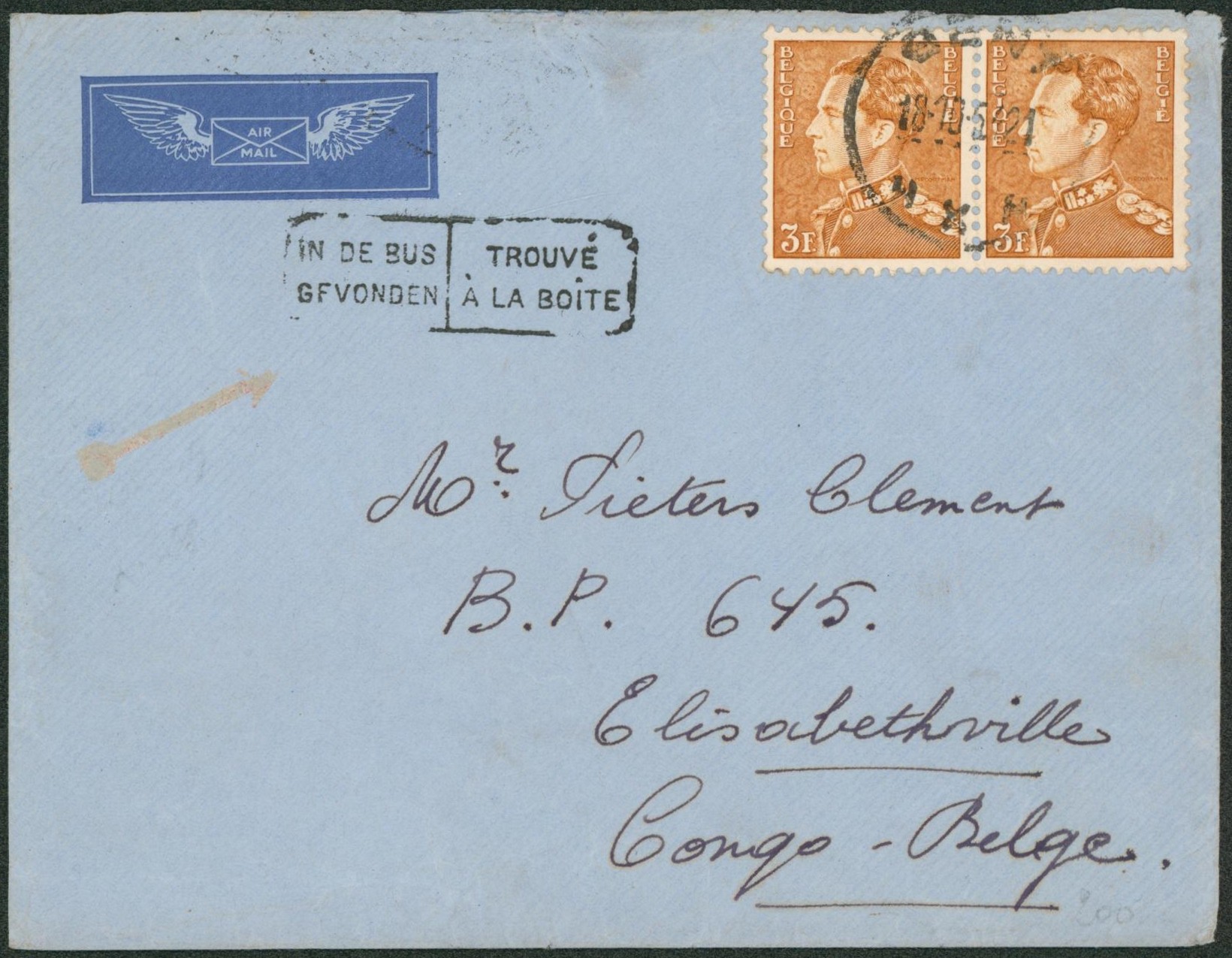 n°847 en paire sur lettre par avion + griffe "In de bus gevonden" de Gent > Elisabethville (Congo Belge).