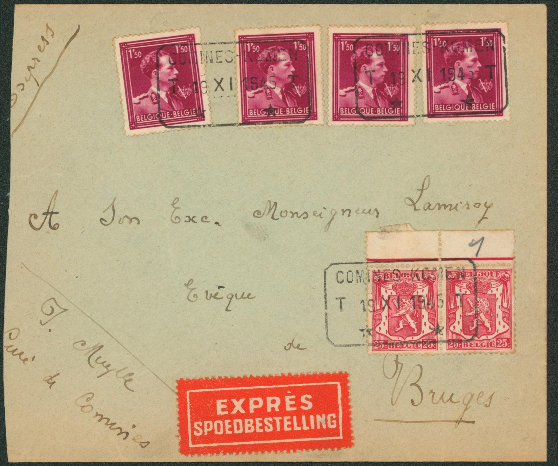 Affranch. Mixte (Col ouvert) sur lettre en expres obl télégraphe-téléphone COMINES-KOMEN > Bruges. Déchirure (partie avant).