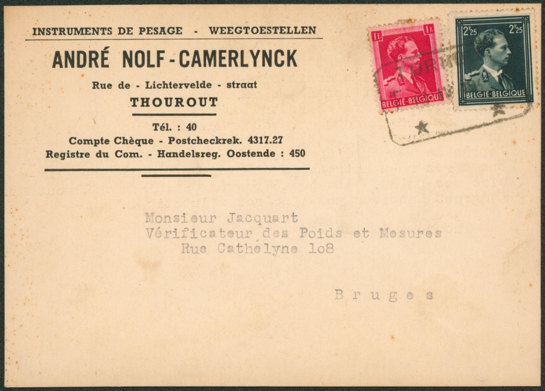 Affranch. Mixte (Col ouvert) sur lettre en expres obl télégraphe-téléphone TORHOUT > Bruges
