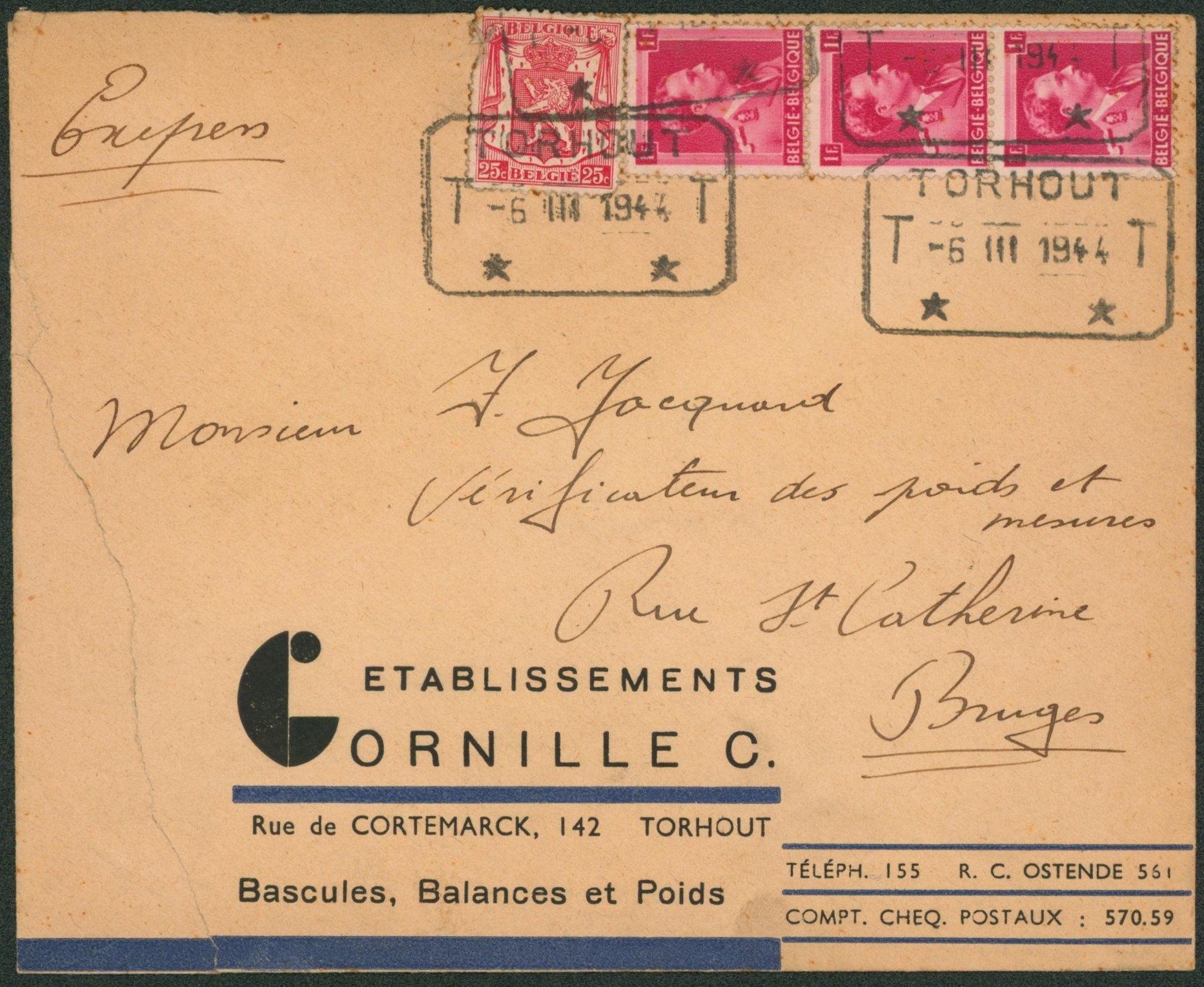 Affranch. Mixte (Col ouvert) sur lettre en expres obl télégraphe-téléphone TORHOUT > Bruges