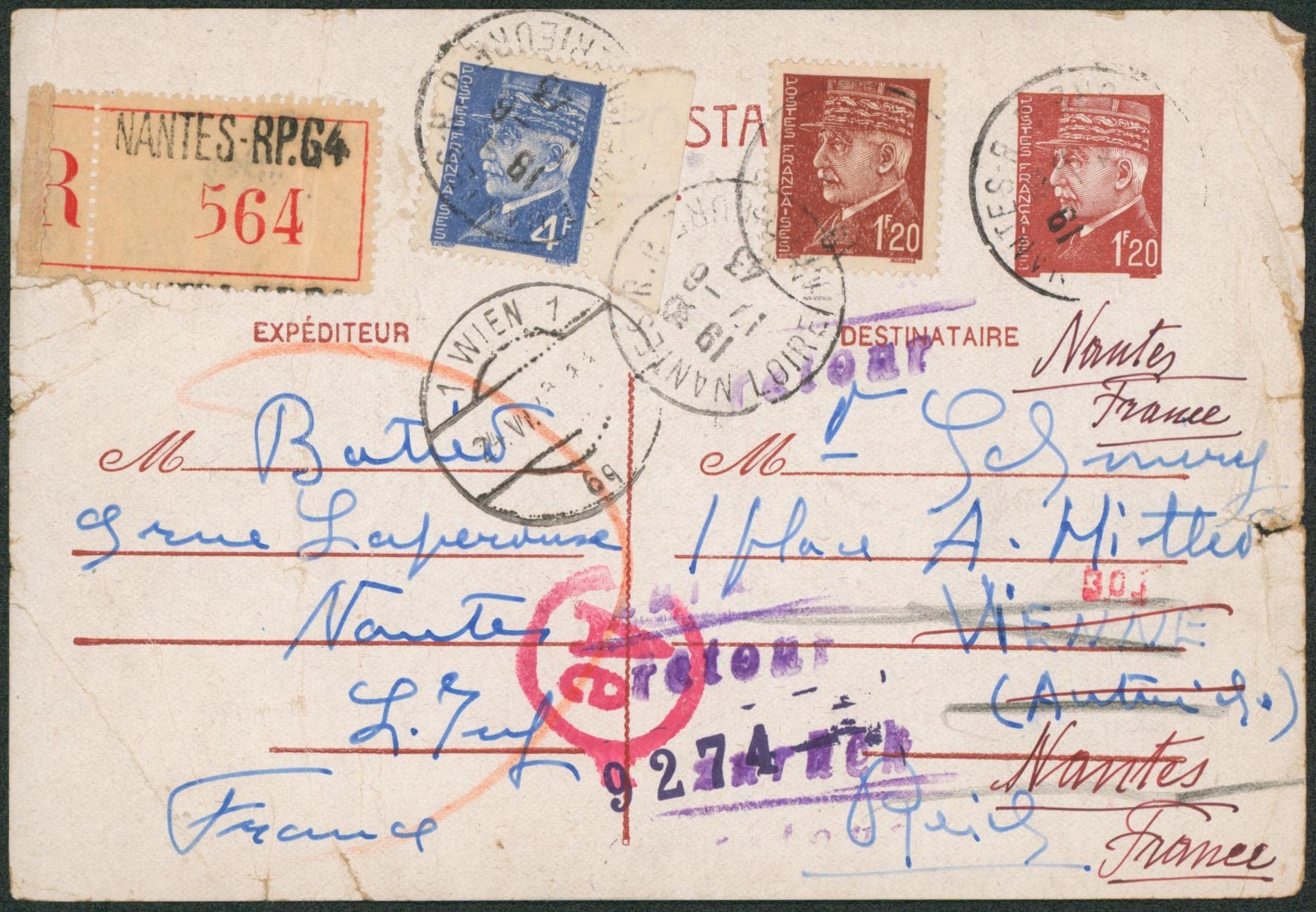 France - EP au type 1F20 Pétain + Affranc. Complé en recommandé de Nantes > Wien + censure Ae.  Griffe RETOUR / ZURUCK, retour à Nantes