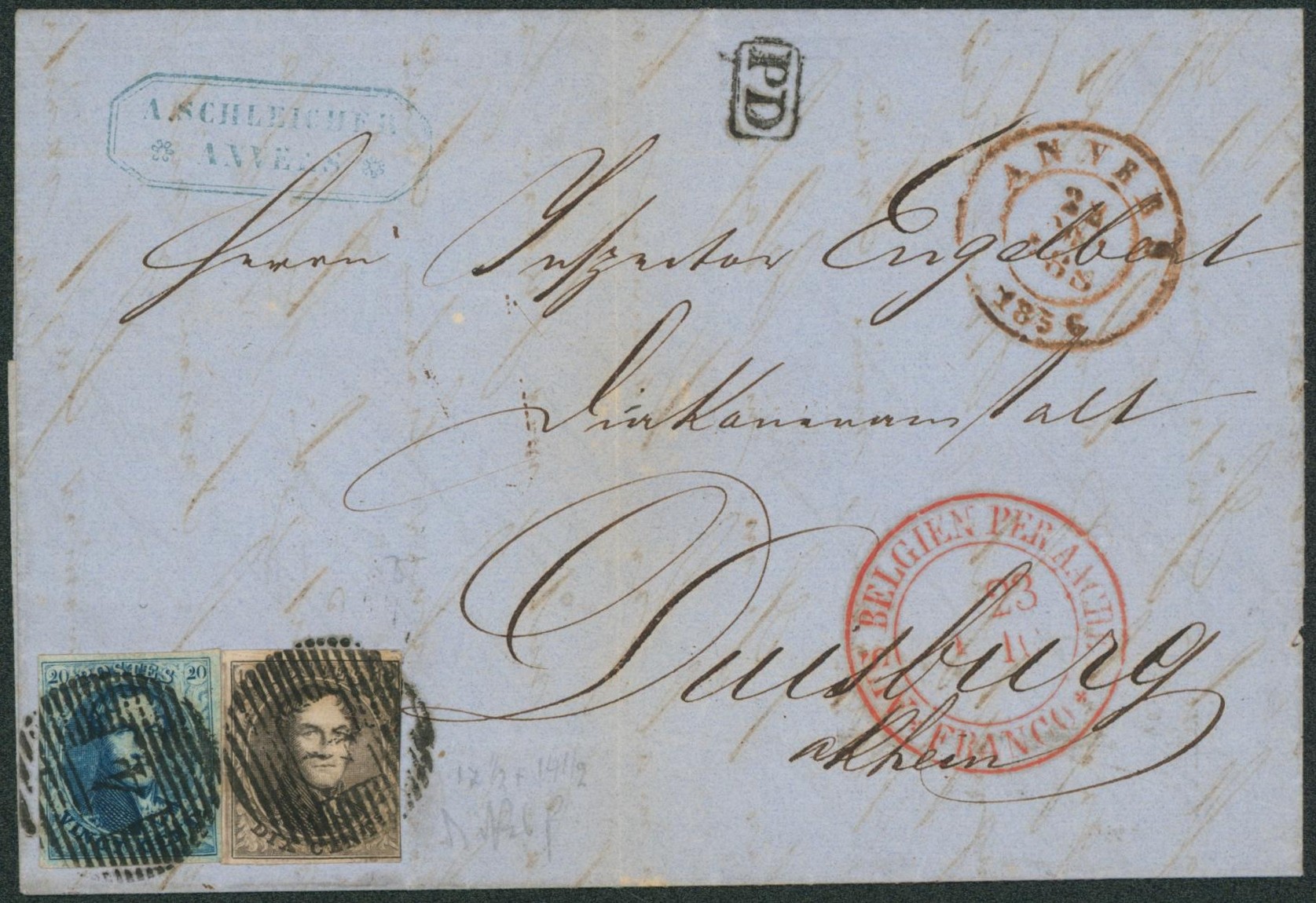 n°6/7 au filet sur LAC obl P4 çàd Anvers + passage "Belgien per Aachen / Franco" > Duisburg (Allemagne). TB