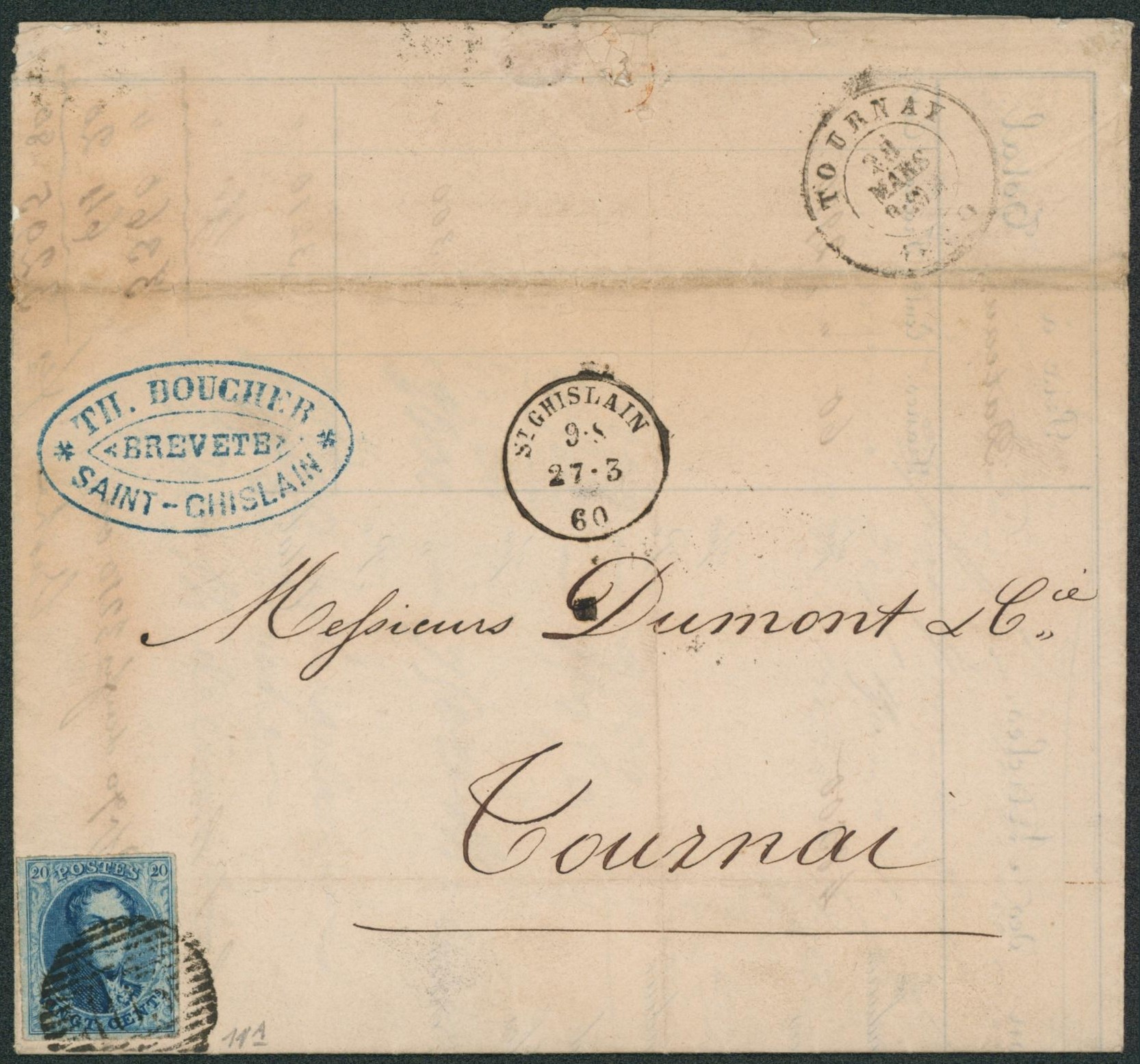 n°11A margé sur LAC obl P103 çàd St-Ghislain + cachet privé > Tournai.