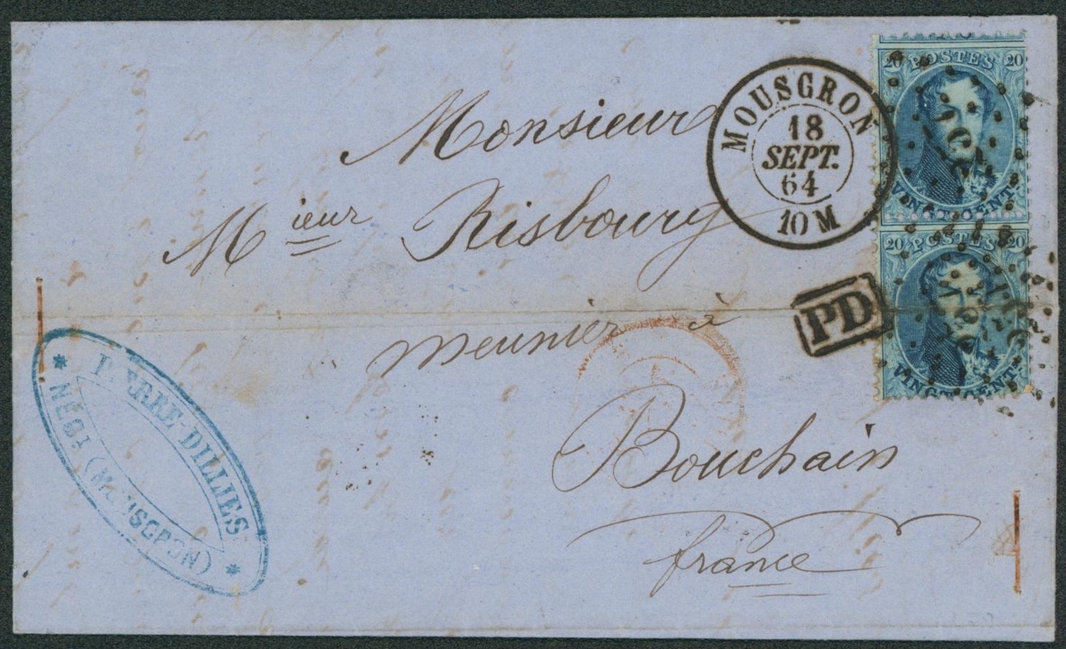 n°15 en paire sur LAC obl Pt 257 çàd Mouscron + cachet privé > Bouchain (France). Verso passage "France par Mouscron" / Pli d'archive.