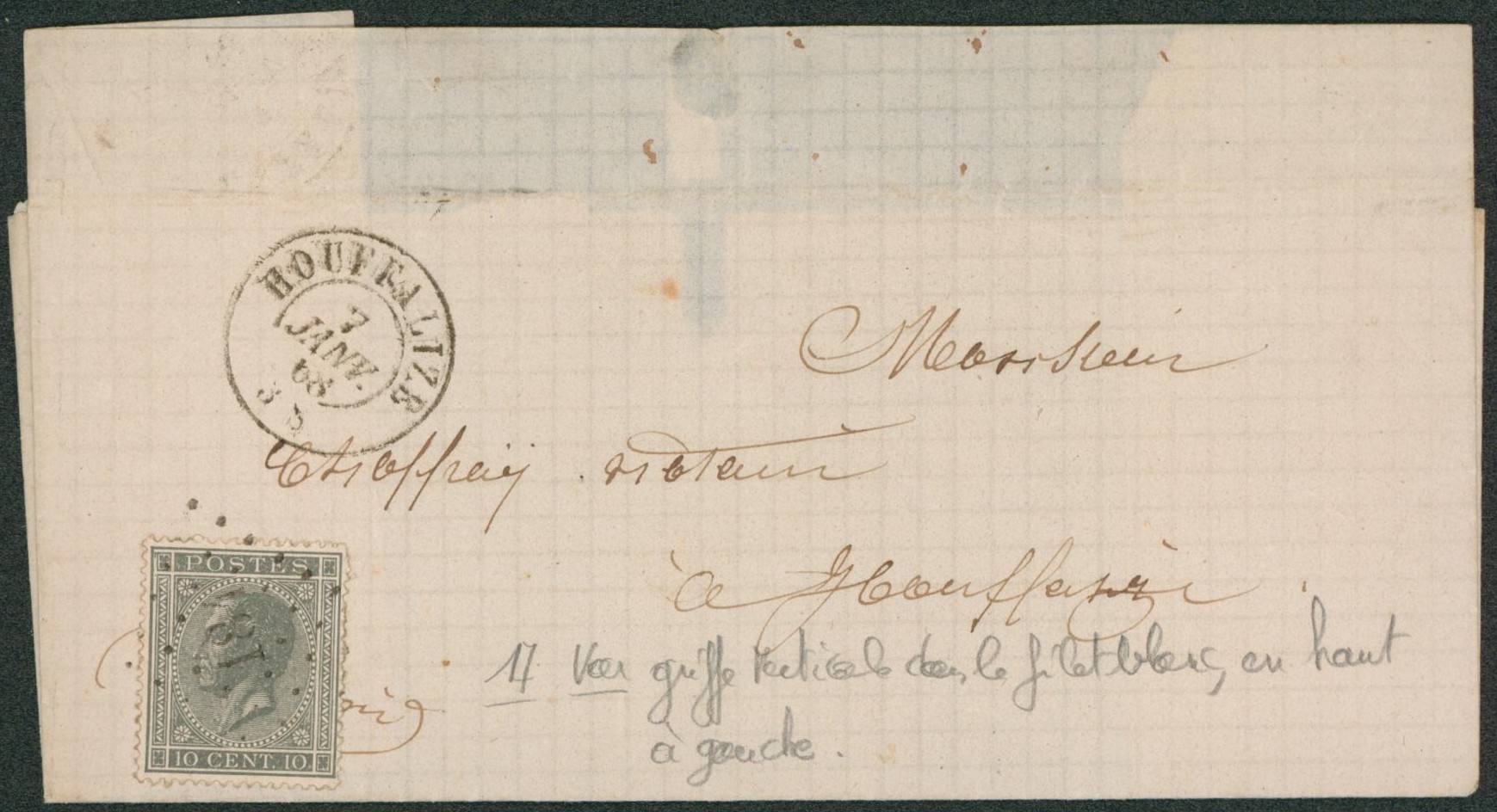 n°17 sur LSC obl Pt 184 çàd Houffalize > Houffalize. Curiosité : griffe de couleur verticale dans le filet blanc, en haut à gauche.