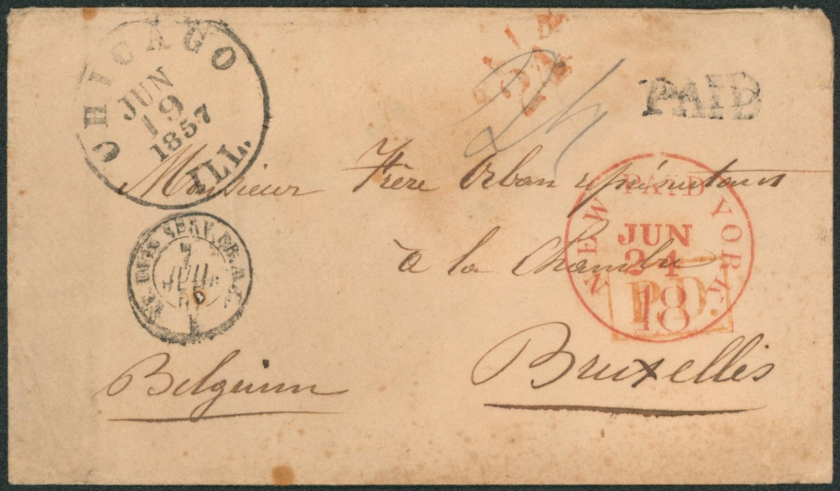 Maritime Mail - Lettre transportée par paquebot, de Chicaco / Ill. (1857) + griffe noir PAID & taxe "New York / Paid 18" > Bruxelles. TB