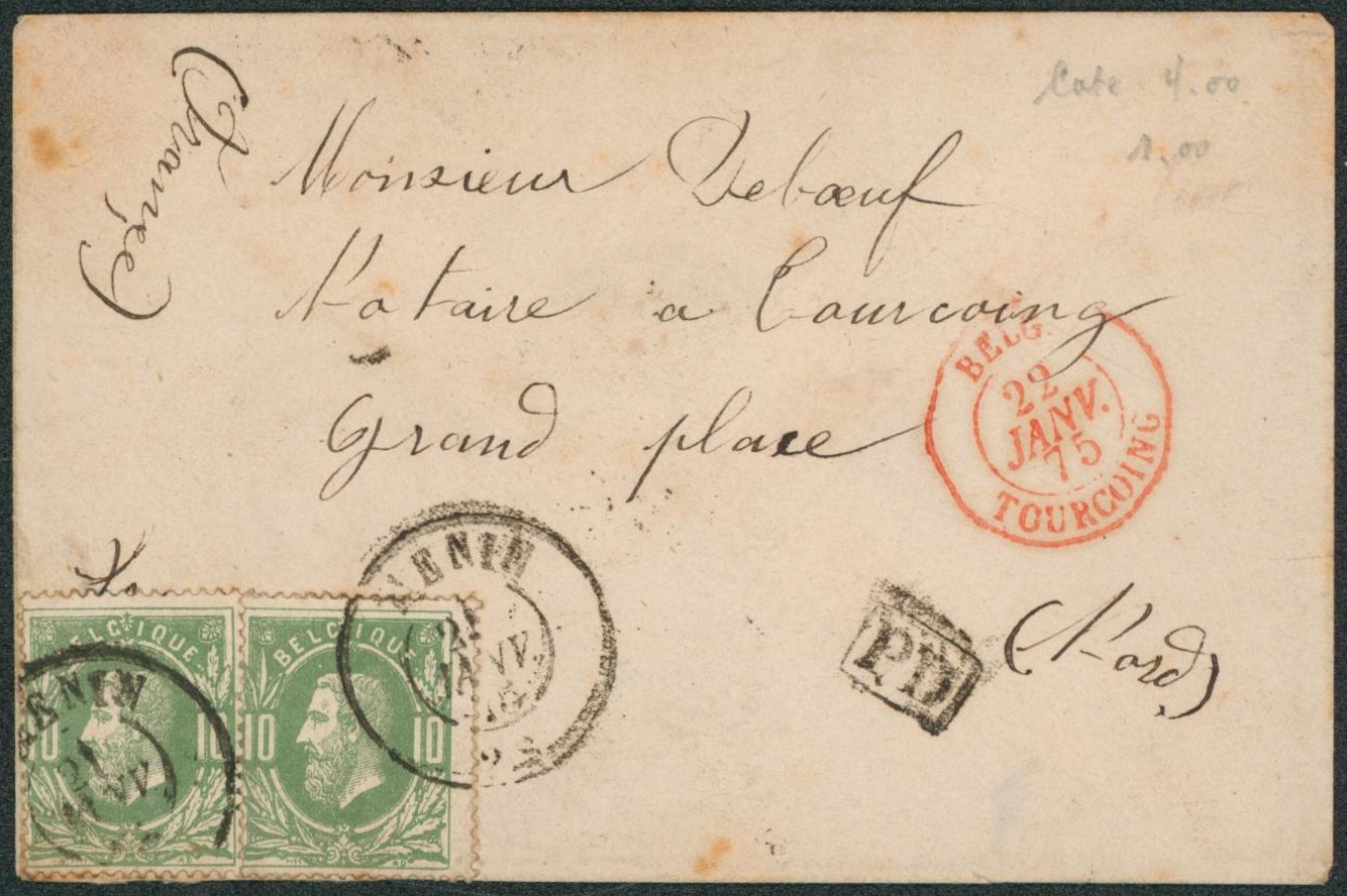 n°30 x2 sur enveloppe obl double cercle "Menin" > Tourcoing (France). Tarif préférentiel.