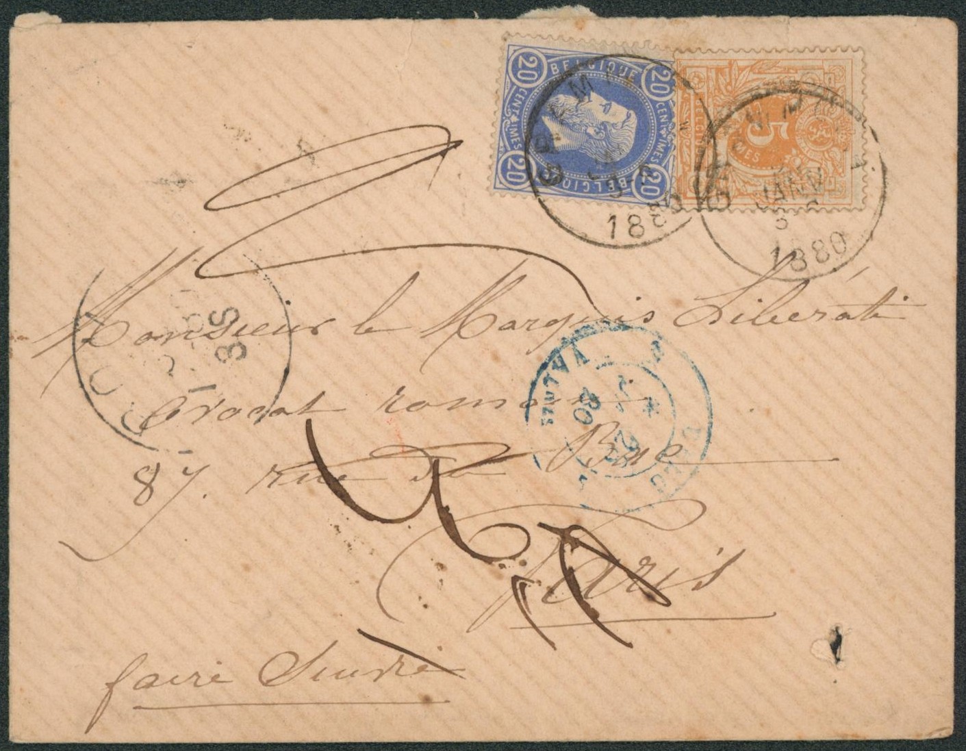 n°28 et 30 sur enveloppe (écuçon à l'arrière) de Grammont > Paris, faire suivre.