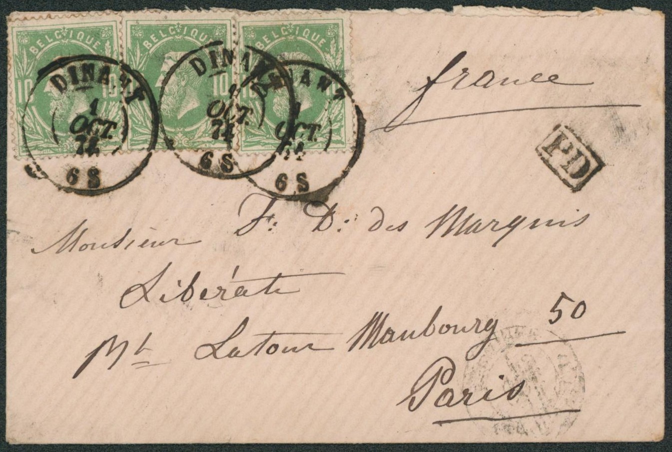n°30 x3 sur enveloppe obl double cercle "Dinant" > paris.