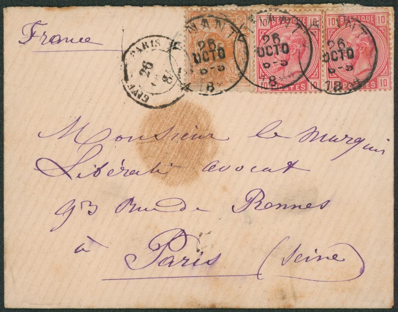 n°28 et 38 x2 sur enveloppe obl simple cercle "Dinant" > Paris.