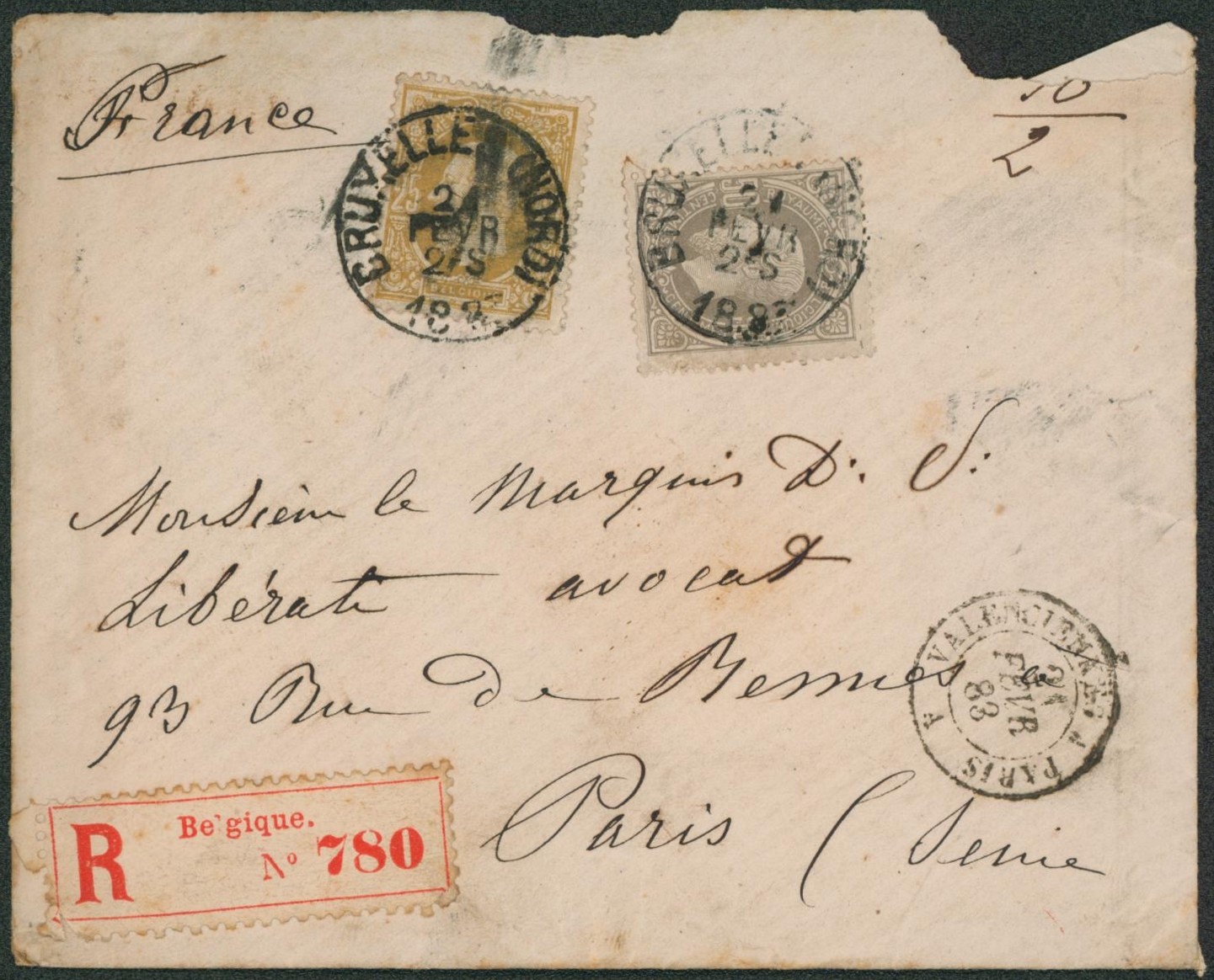 n°32 et 35 sur Env. en recommandé de Bruxelles (Nord) > Paris, Monsieur le marquis D.V.