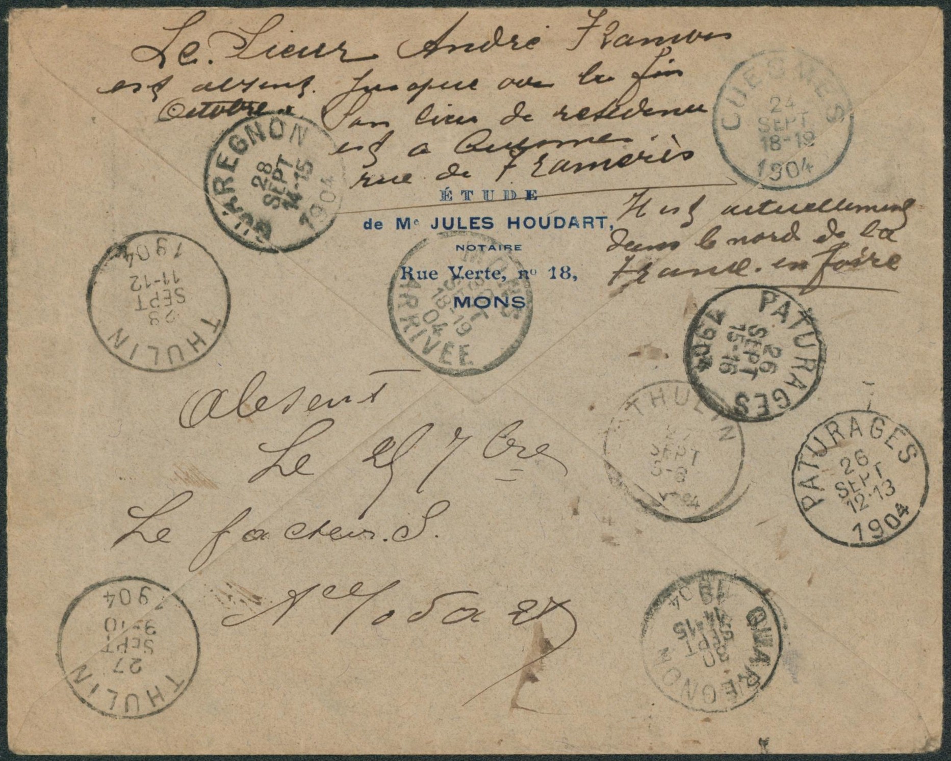 n°58 sur lettre expédiée de Mons (1904) > Quaregnon. Multiples recherches (dont Patutages, cuesmes, thulin), note du facteur. Rebut, retour à Mons.