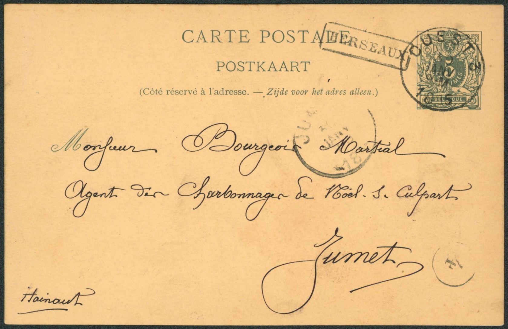 EP au type 5ctm vert obl ambulant "Ouest 3" (3 plat) + griffe encadrée HERSEAUX (indice E !) > Jumet