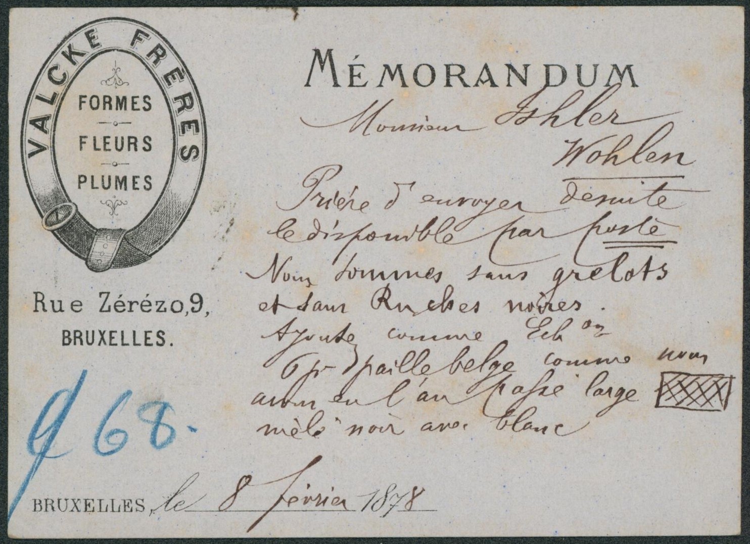 EP au type 10ctm vert obl simple cercle "Bruxelles" + repiquage (Valcke frères, fleurs, plumes) > Wohlen (Suisse).