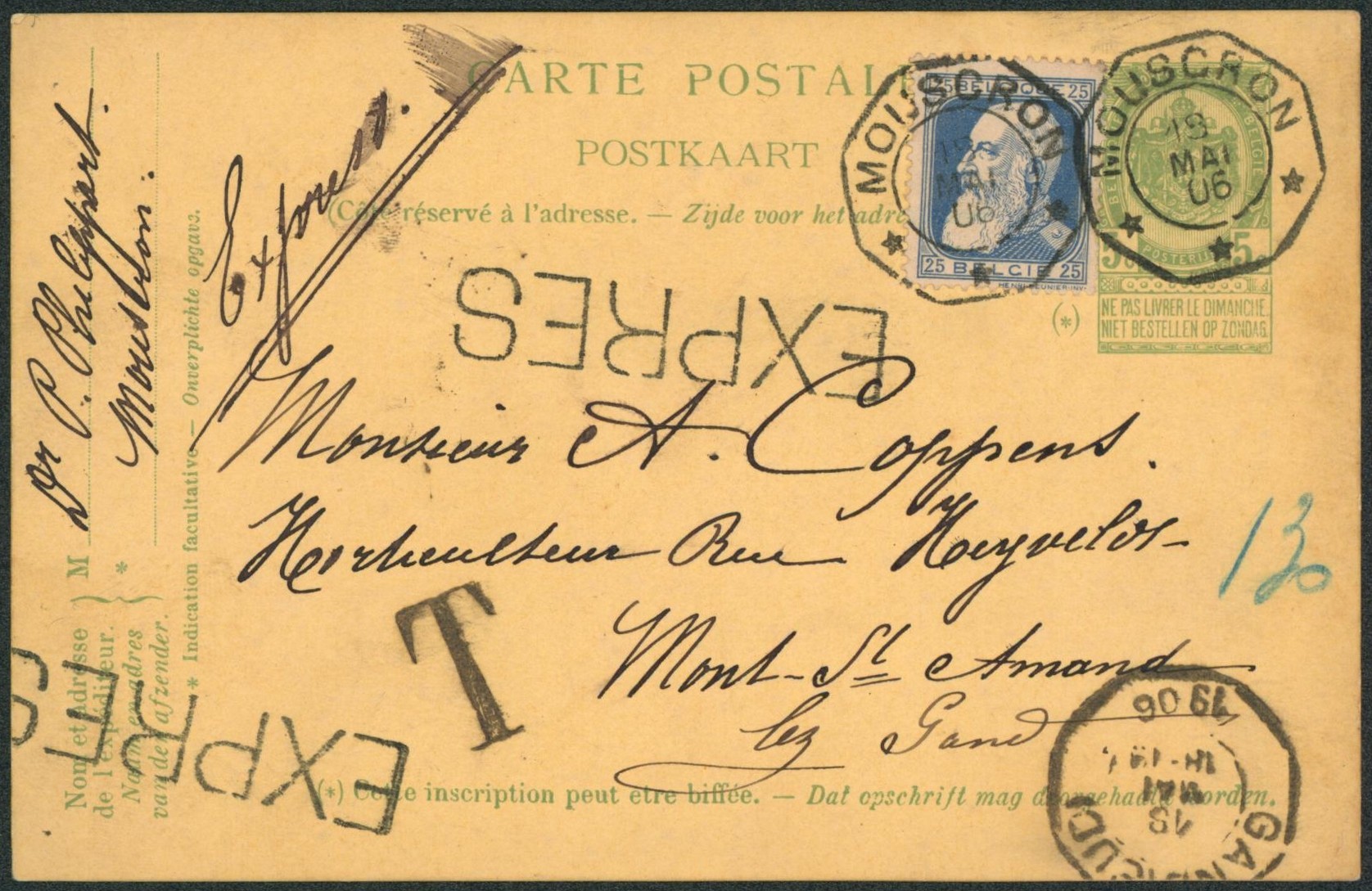 EP au type 5ctm vert + n°76 en expres obl télégraphique "Mouscron" > Mont-St-Amand, taxé !