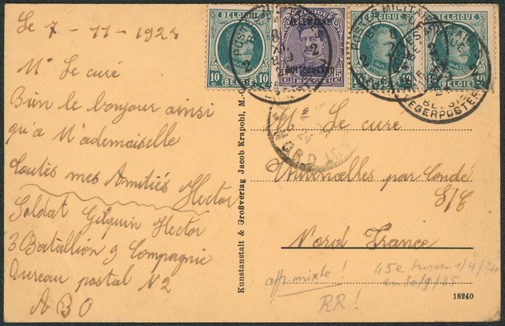 Canton de l'est - Affranch. Mixte Houyoux + OC43 (R ! ) obl P.M.B. 2 (Bureau postale n°2 A.B.O.) > Nord France
