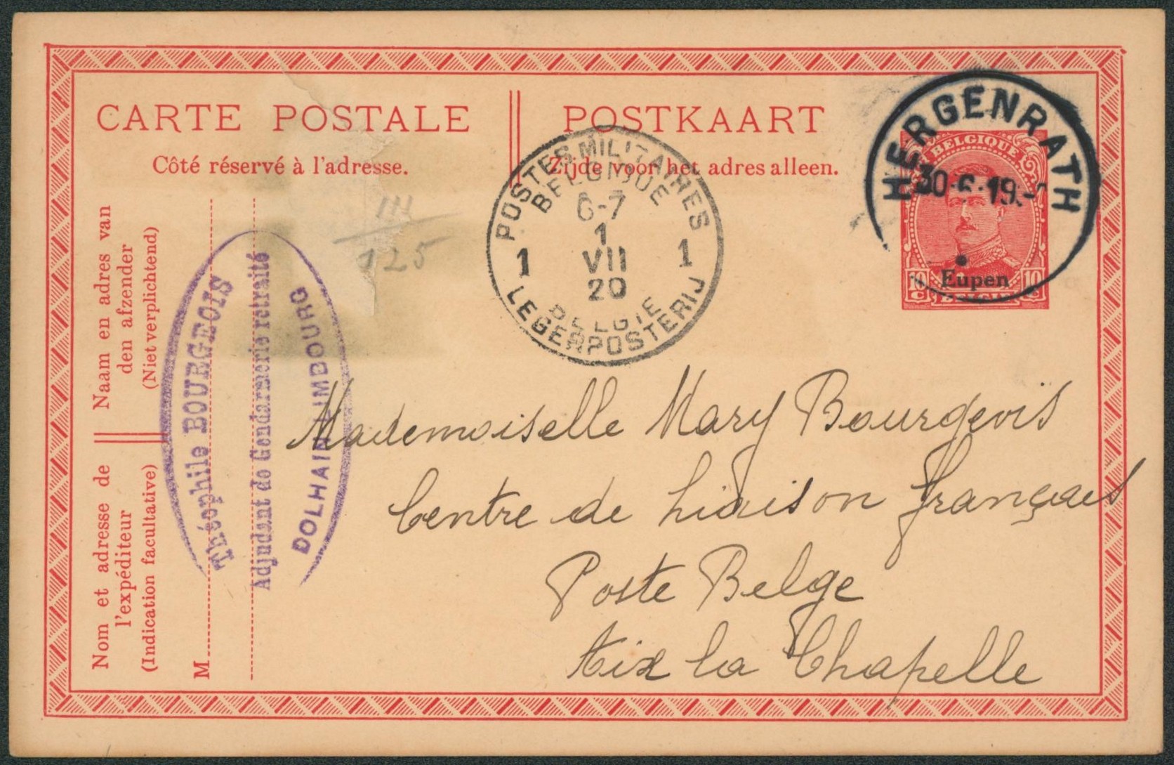 Canton de l'est - Ep au type 10ctm rouge Albert I surchargé EUPEN expédié de Hergenrath via P.M.B. > Poste belge à Aix-la-chapelle. Sans texte, réparé voir verso.