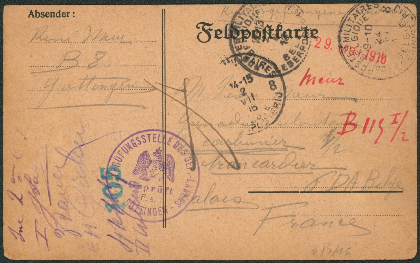 Feldpostkarte expédiée du camp de Göttingen (prisonnier) via P.M.B. 8 > Armée belge çàd Carabinier par Calais. Texte