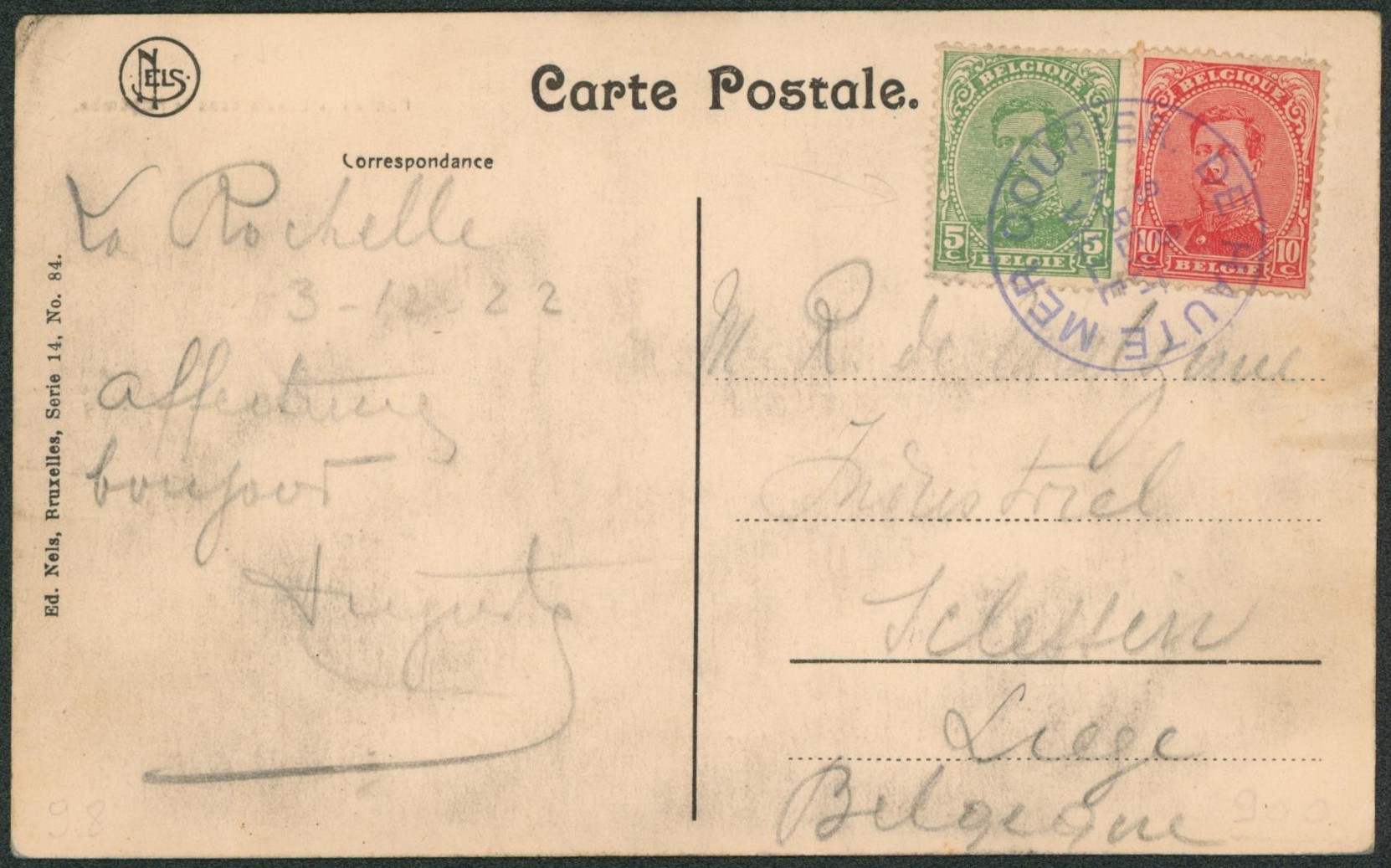 Albert I - n°137/138 sur CP du Congo + cachet "Courrier de haute mer /  Albertville" (Paquebot) > Sclessin, Liège.