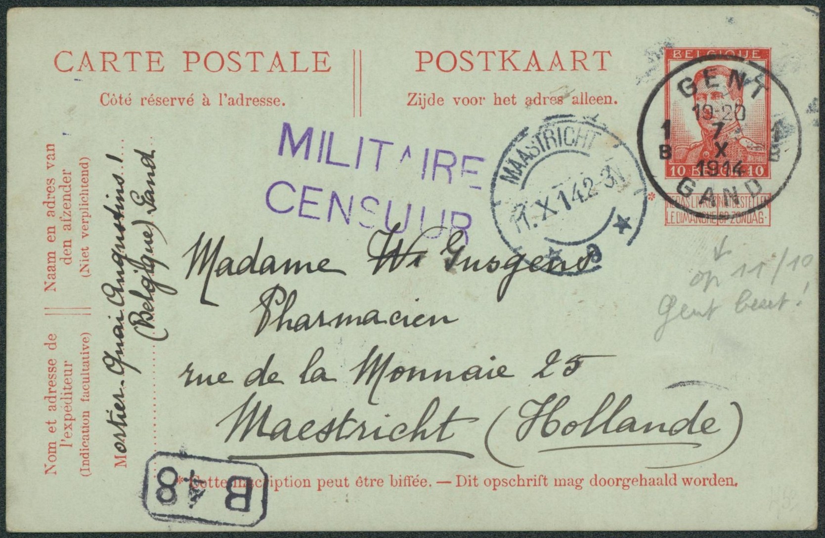 EP au type 10ctm rouge Pellens obl simple cercle "Gent / Gand" (7/10/14) + griffe MILITAIRE / CENSUUR > Maestricht, pharmacien.