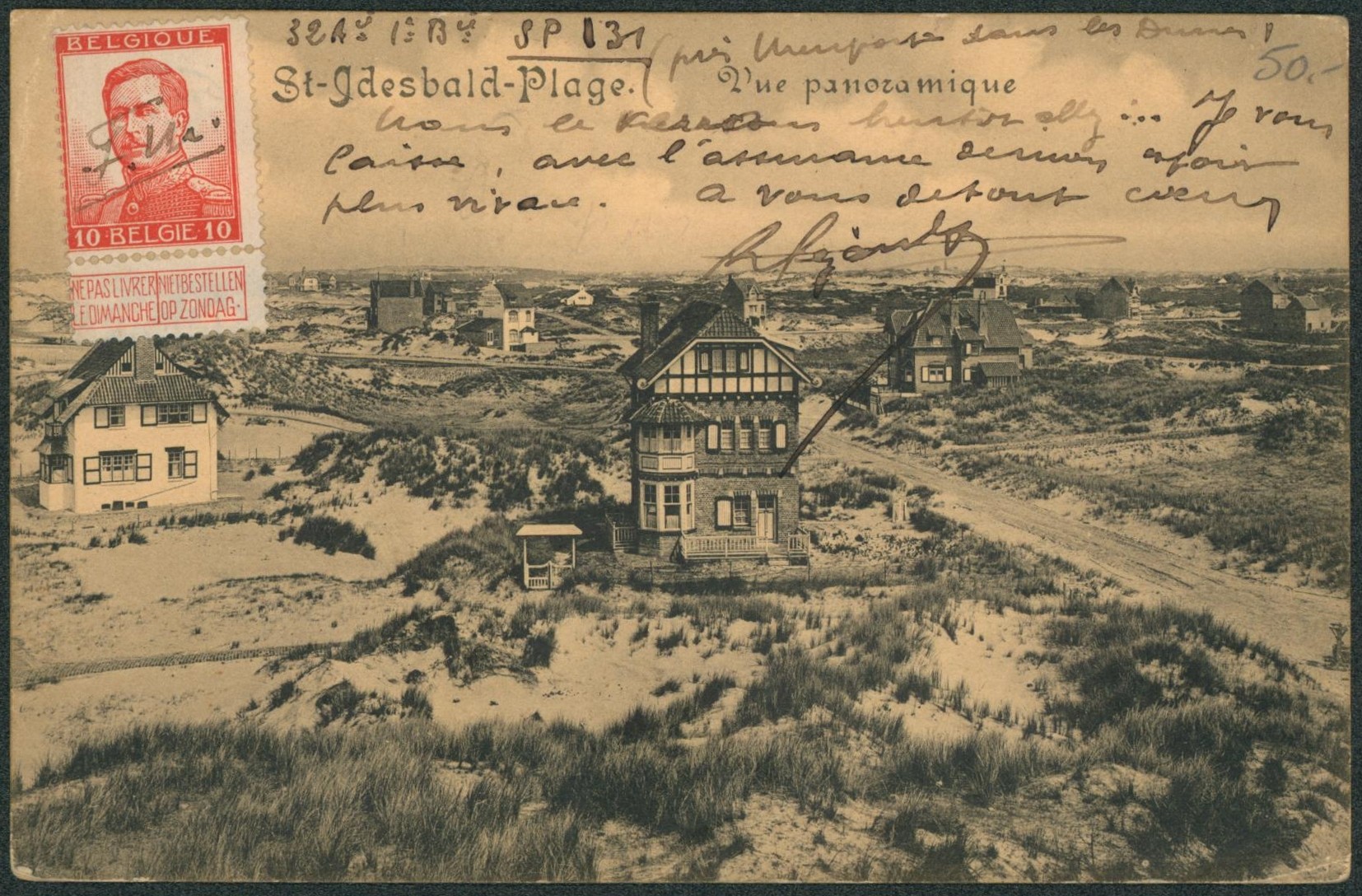 CP vue, manuscrite (près de nieuport dans les dunes, 1915) + Pellens 10ctm annulé à la plume "F.M."  / Texte.