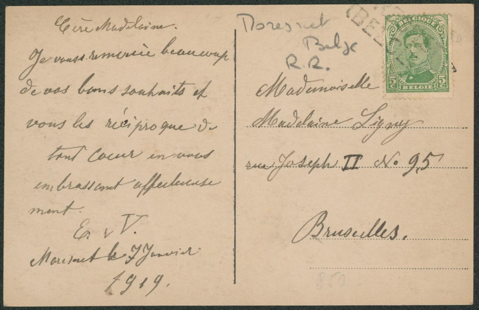 n°137 sur CP annulé par griffe de fortune MORESNET (Belge) > Bruxelles. Rare !