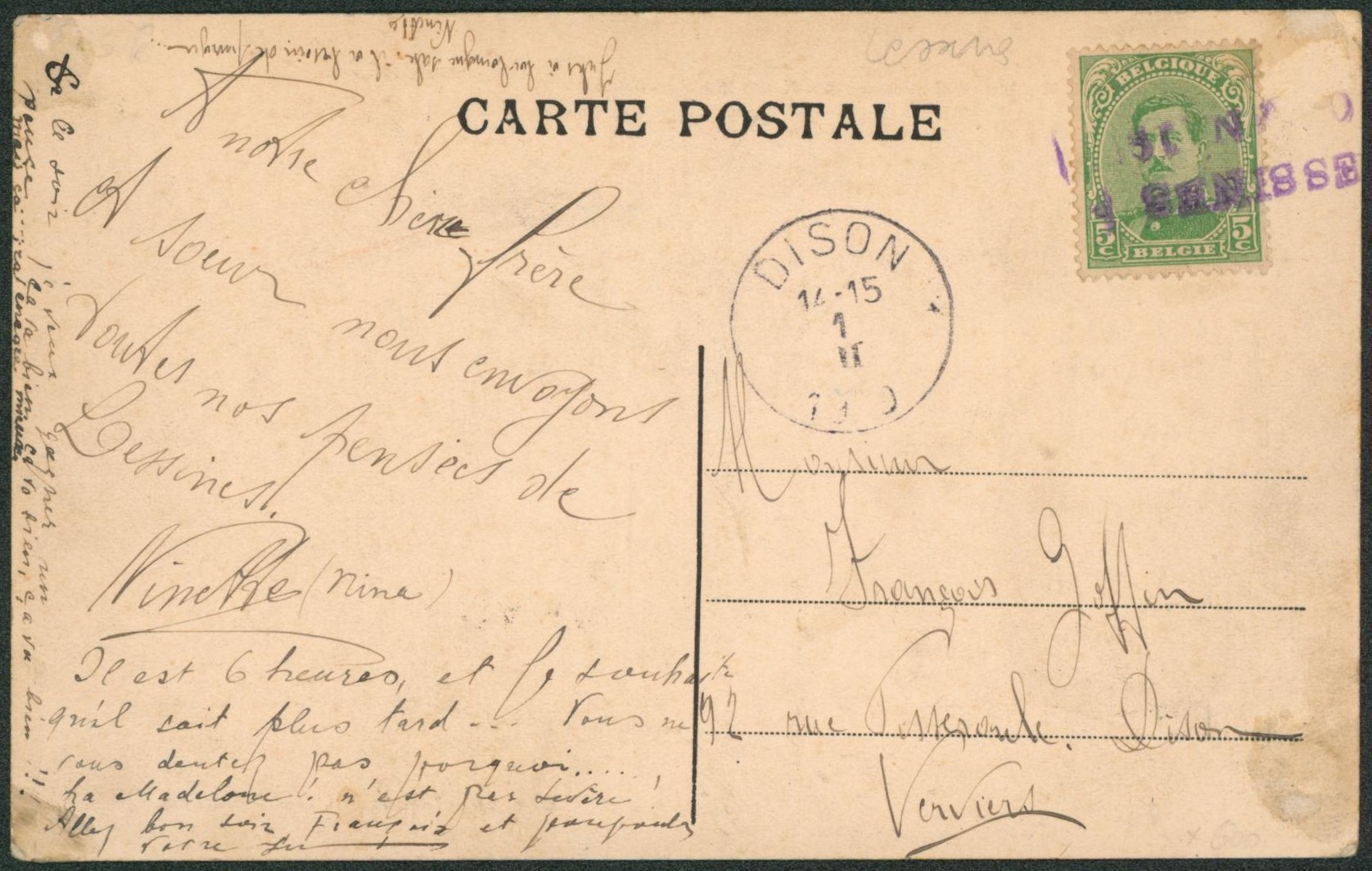 n°137 sur CP annulé par griffe de fortune Lessines + date (violet)  > Dison.