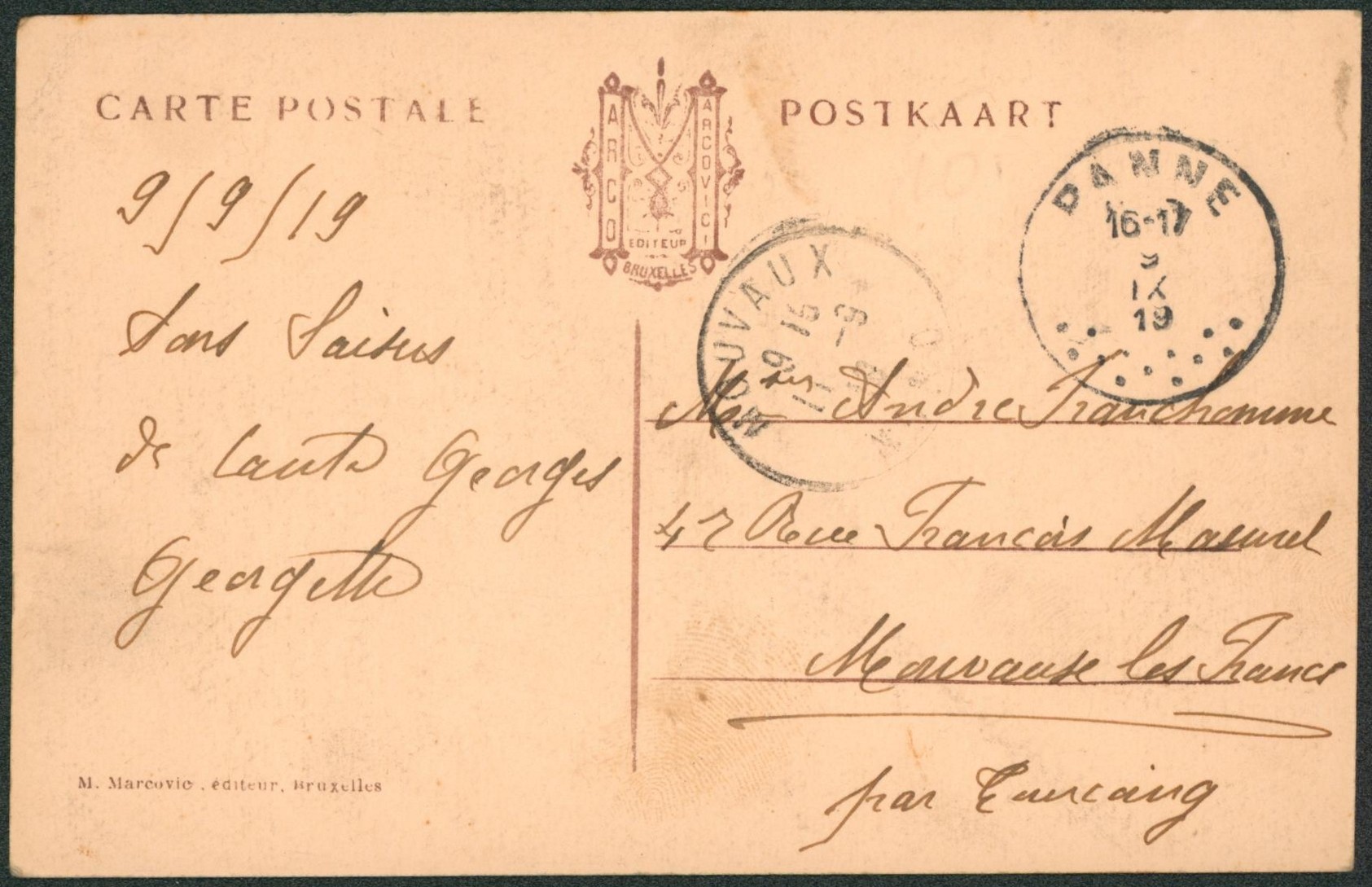 n°137 sur CP vue annulé par cachet de fortune (T4R) "Panne" > Mouvaux (France).