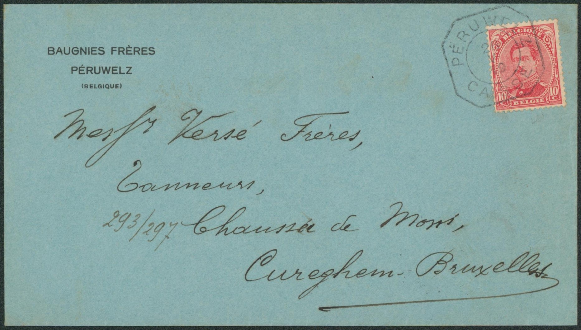 n°138 sur lettre annulé par cachet de fortune octogonal "Péruwelz / Caisse" > Cureghem.