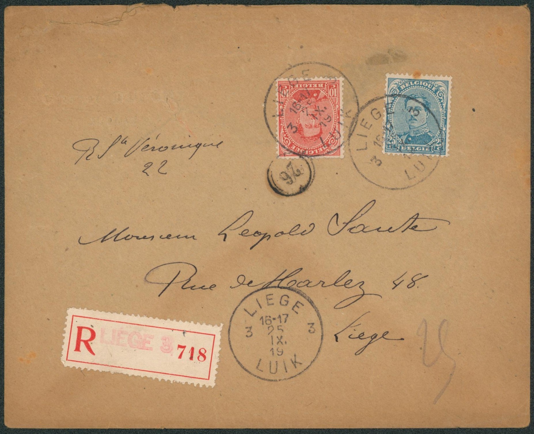 n°138 et 141 sur lettre en recommandé + griffe de fortune LIEGE 3 > Liège.