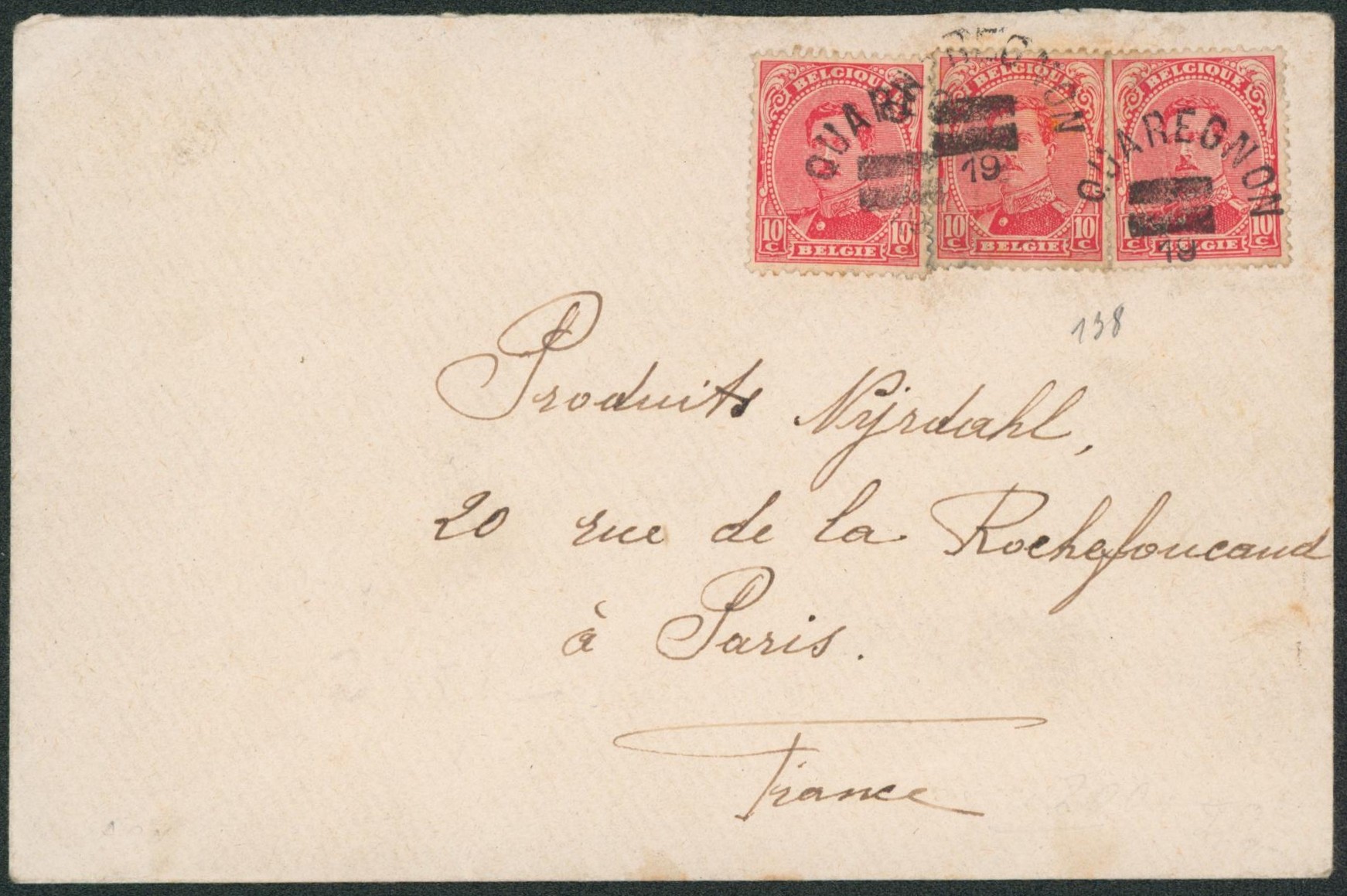 n°138 x3 sur lettre annulé par cachet de fortune (type électoraux) QUAREGNON > Paris. TB