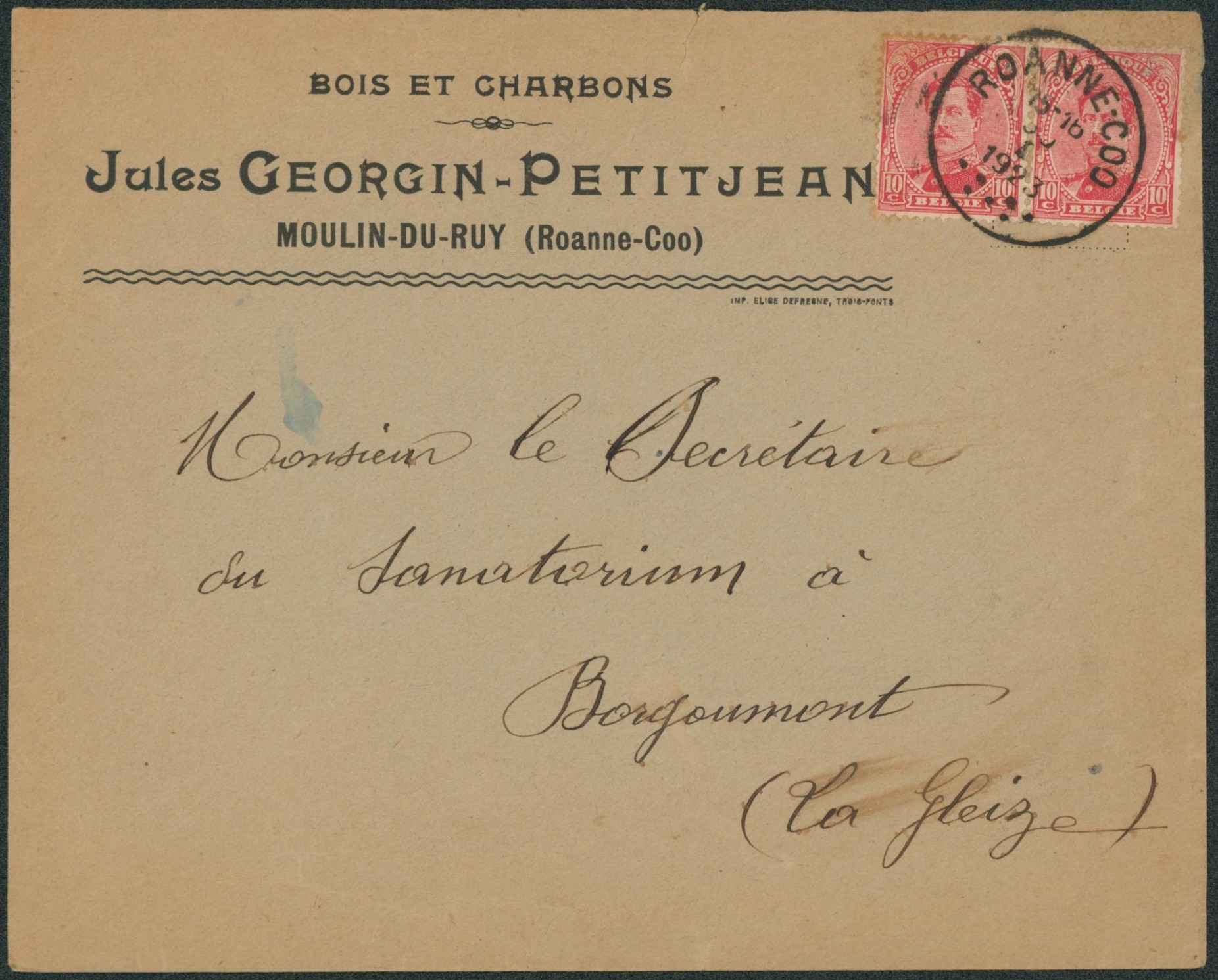 n°138 x2 sur lettre à en-tête (Bois & charbons, Moulin-du-ruy) obl T4R Roanne-Coo > Borgoumont la gleize.