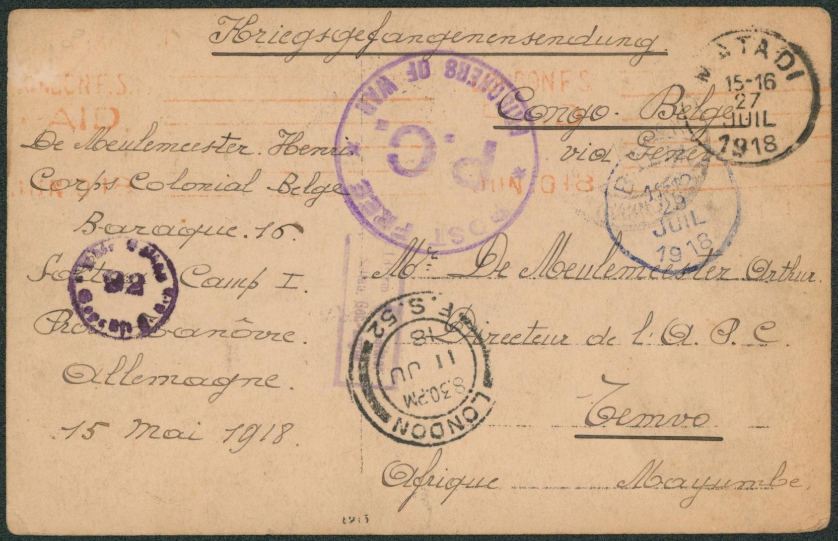 Carte photo (prisonnier) expédié de Soltau + cachet "Post free / P.C. / Prisonners of war" > Temvo (Afrique, Mayumbe) via London & Matadi. TB