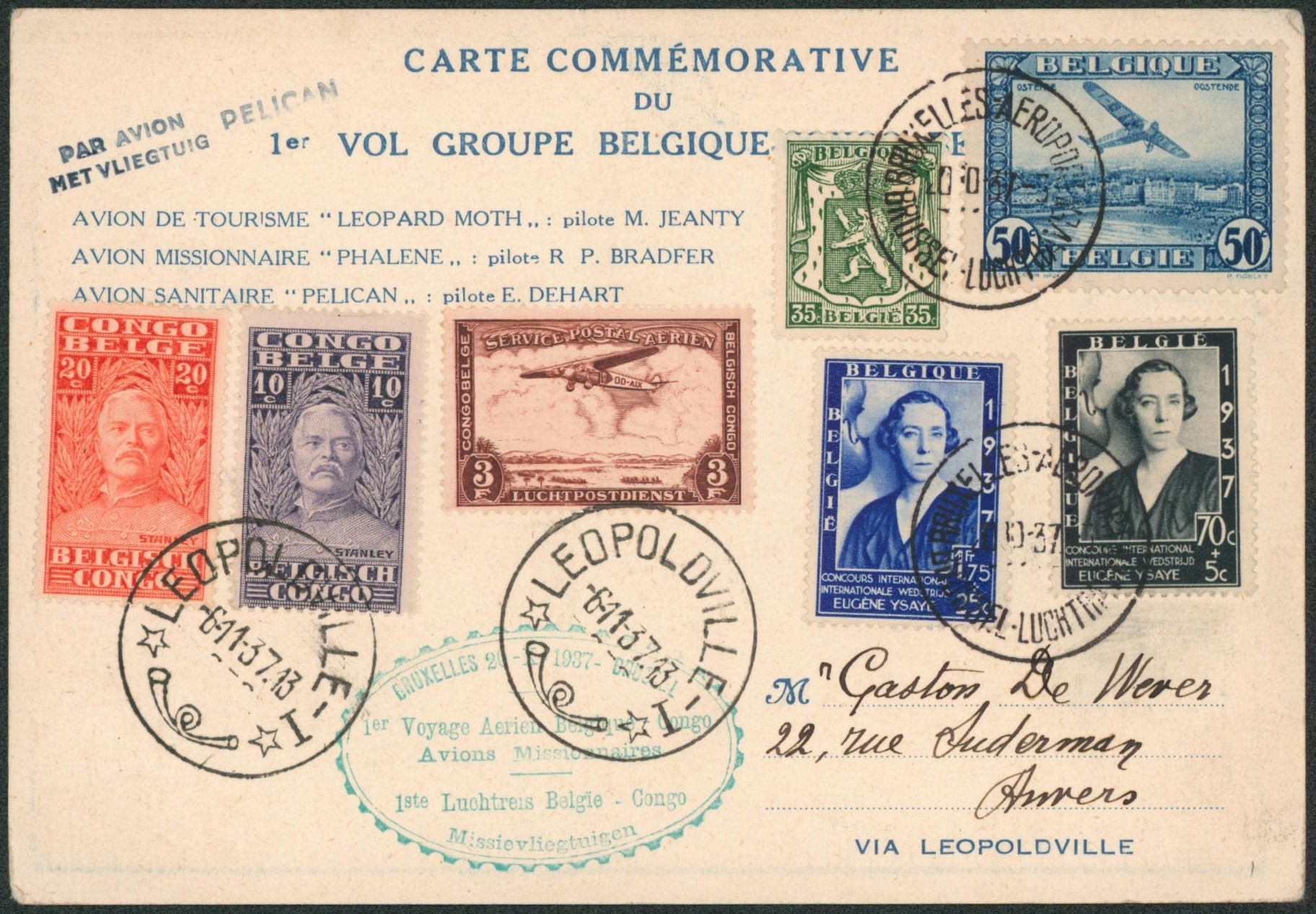 Affranch. Mixte sur carte commémorative du 1er vol Belgique-Congo (Avion Pelican) de Bruxelles via Léopoldville > Anvers.