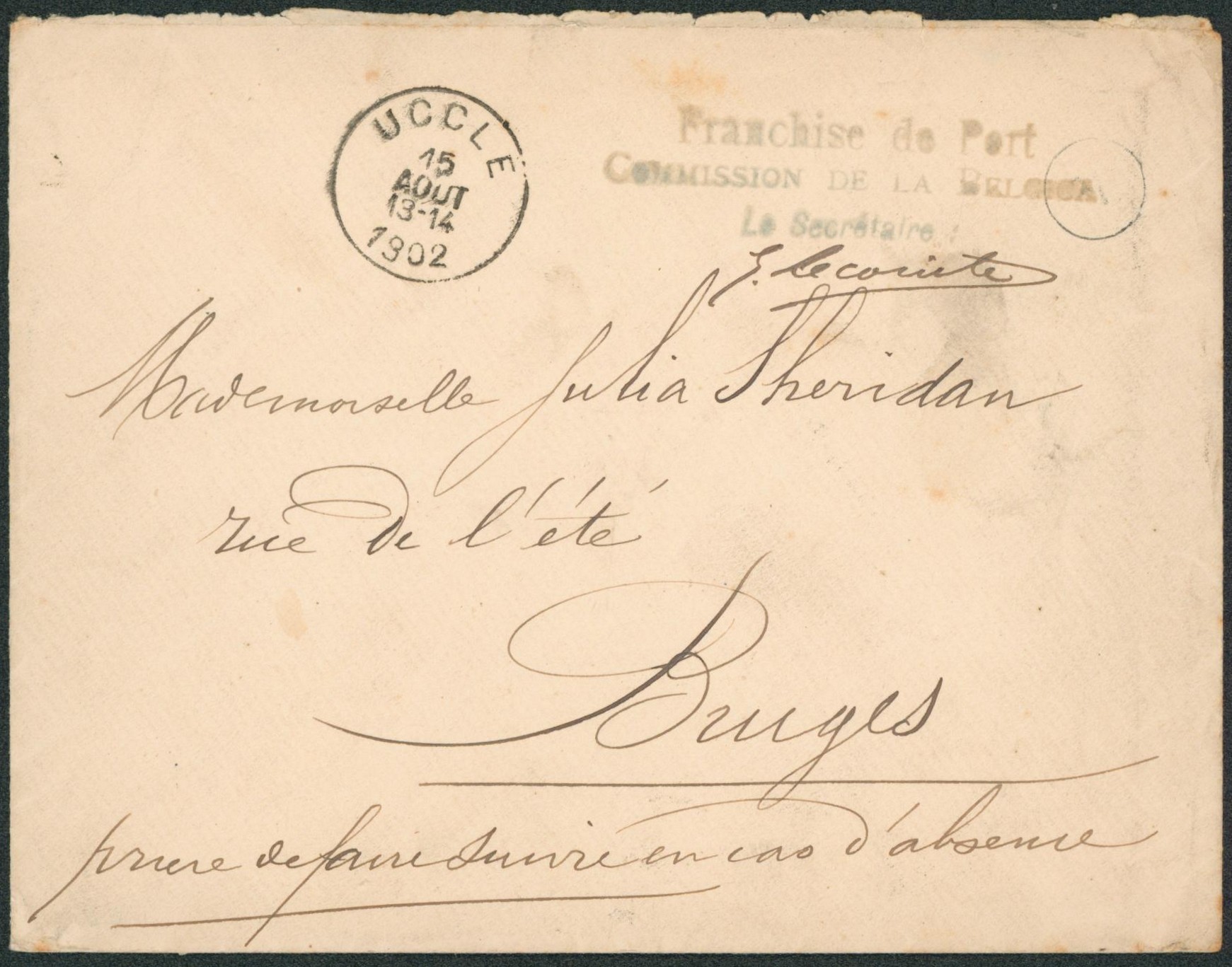 Lettre en franchise de port (commission de la Belgica, signé le secrétaire) expédié de Uccle > Bruges