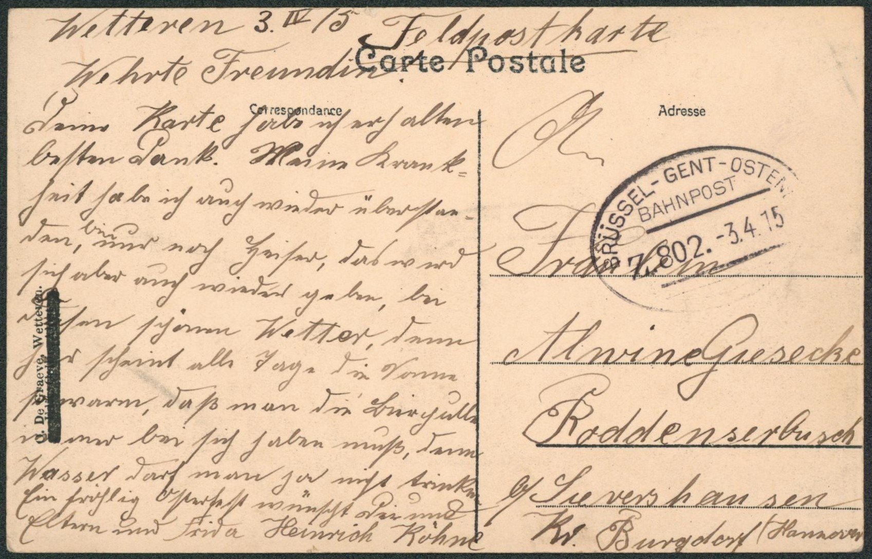 CP en feldpost + cachet ambulant (Treinstempel) bahnpost "Brussel-Gent-Ostende" > Allemagne