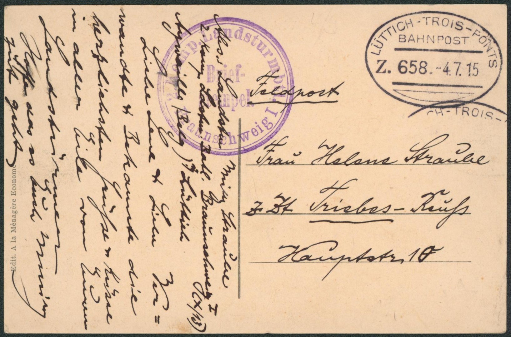 CP en feldpost + cachet ambulant (Treinstempel) bahnpost "Lüttich-trois-ponts" + briefstempel (braunschweig I) > Allemagne