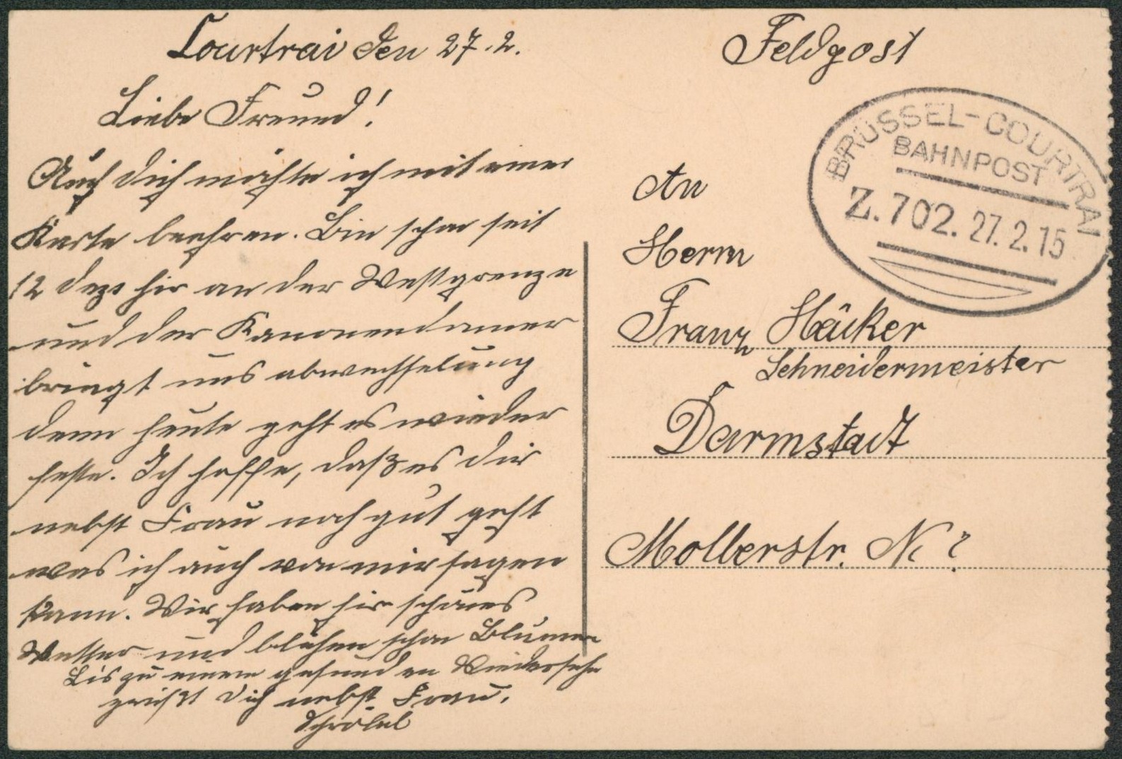 CP en feldpost + cachet ambulant (Treinstempel) bahnpost "Brussel-Courtrai" >  Allemagne