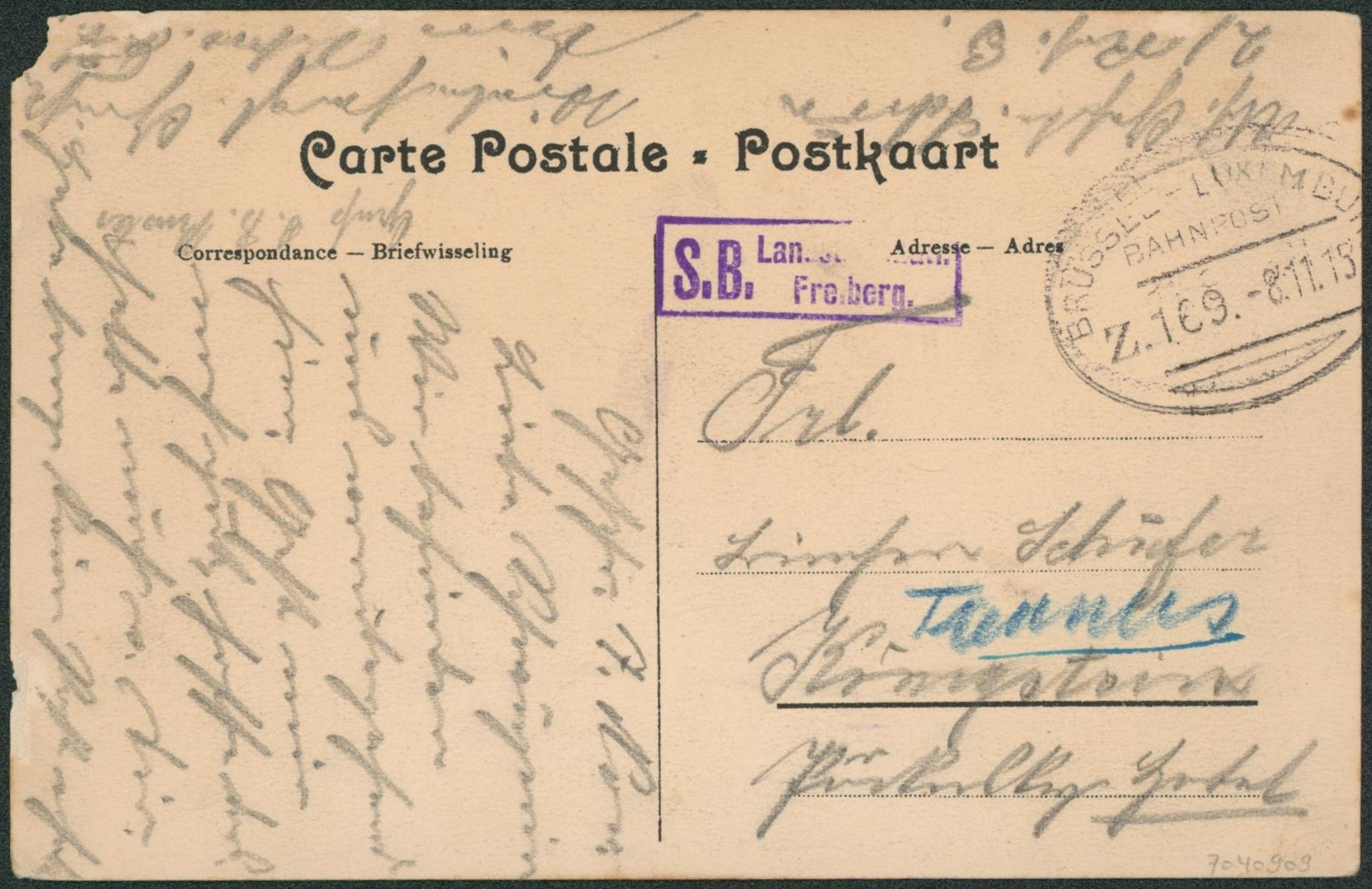 CP en feldpost + cachet ambulant (Treinstempel) bahnpost "Brussel-Luxembourg" >  Allemagne / Etat ! Cachet rare.