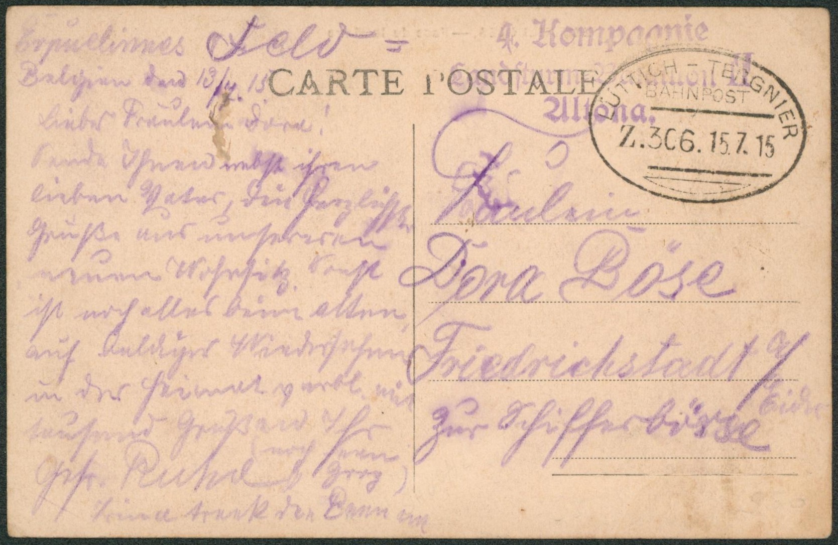 CP en feldpost + cachet ambulant (Treinstempel) bahnpost "Luttich-Tergnier" + griffe de régiment >  Allemagne.