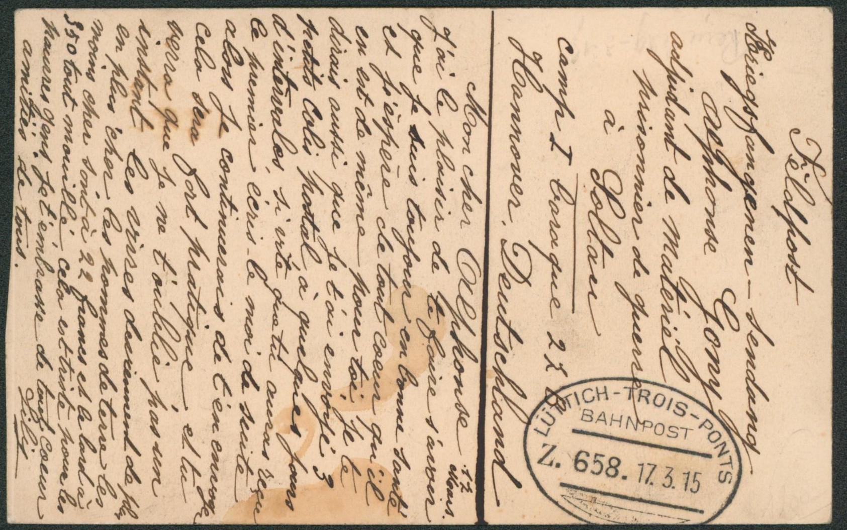 CP en feldpost + cachet ambulant (Treinstempel) bahnpost "Luttich-trois-ponts"  >  camp de prisonnier, Soltau (Allemagne).